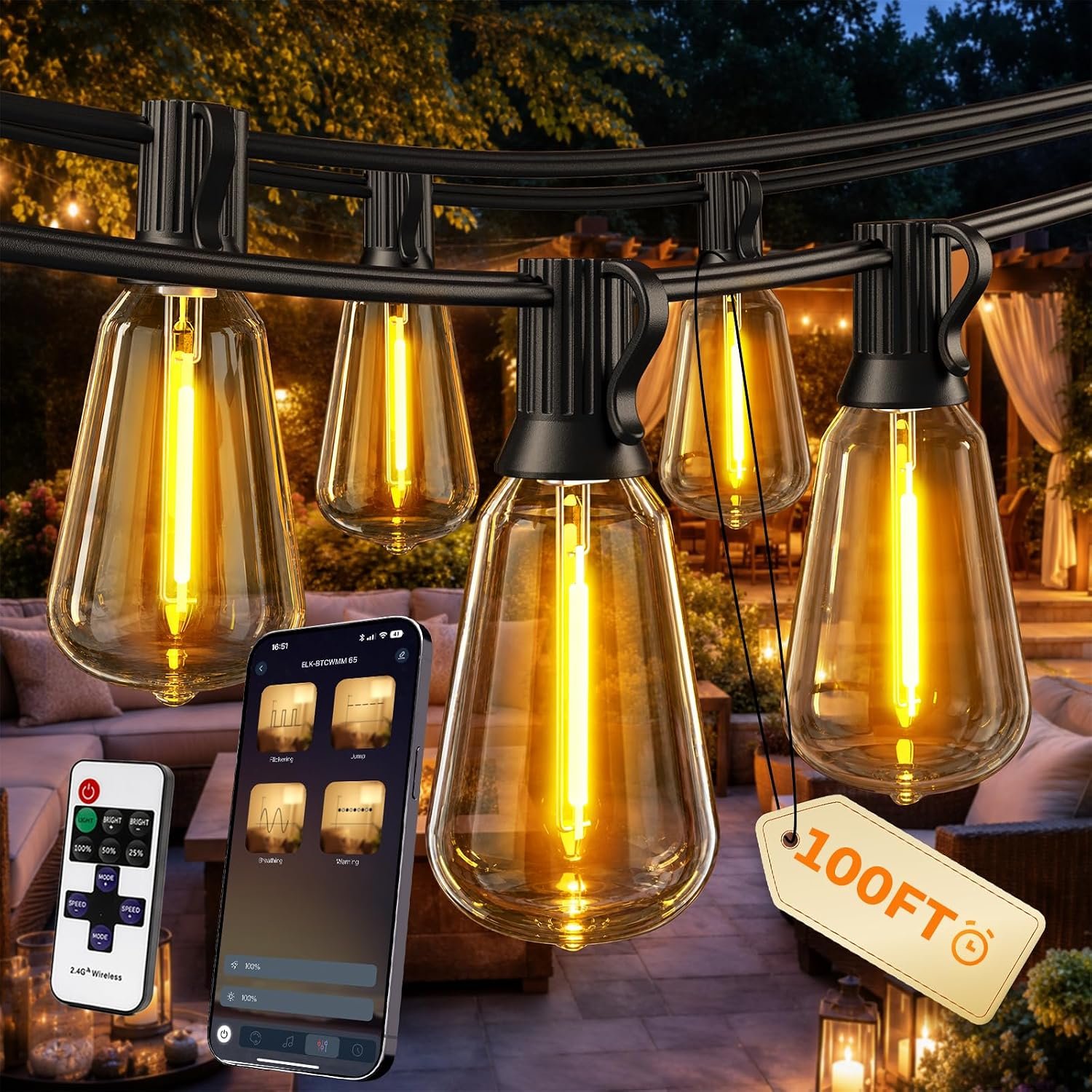 Outdoor String Lights, 100 FT Patio Lights for Outside | Smart App & Remote Control with Timer, Dimmable with 4 Scene Modes, Warm White Waterproof LED Bulbs for Garden, Yard Decor