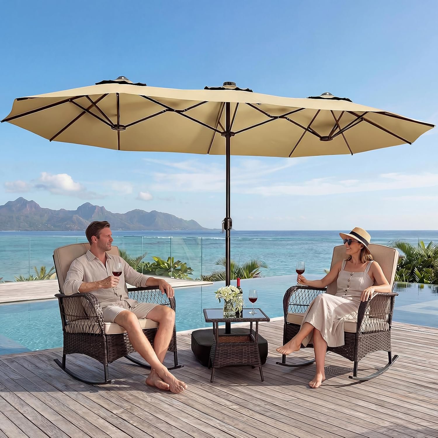 15FT Double-Sided Patio Umbrella with Base Included, Large Outdoor Rectangular Market Umbrella for Backyard, Poolside, Lawn & Garden
