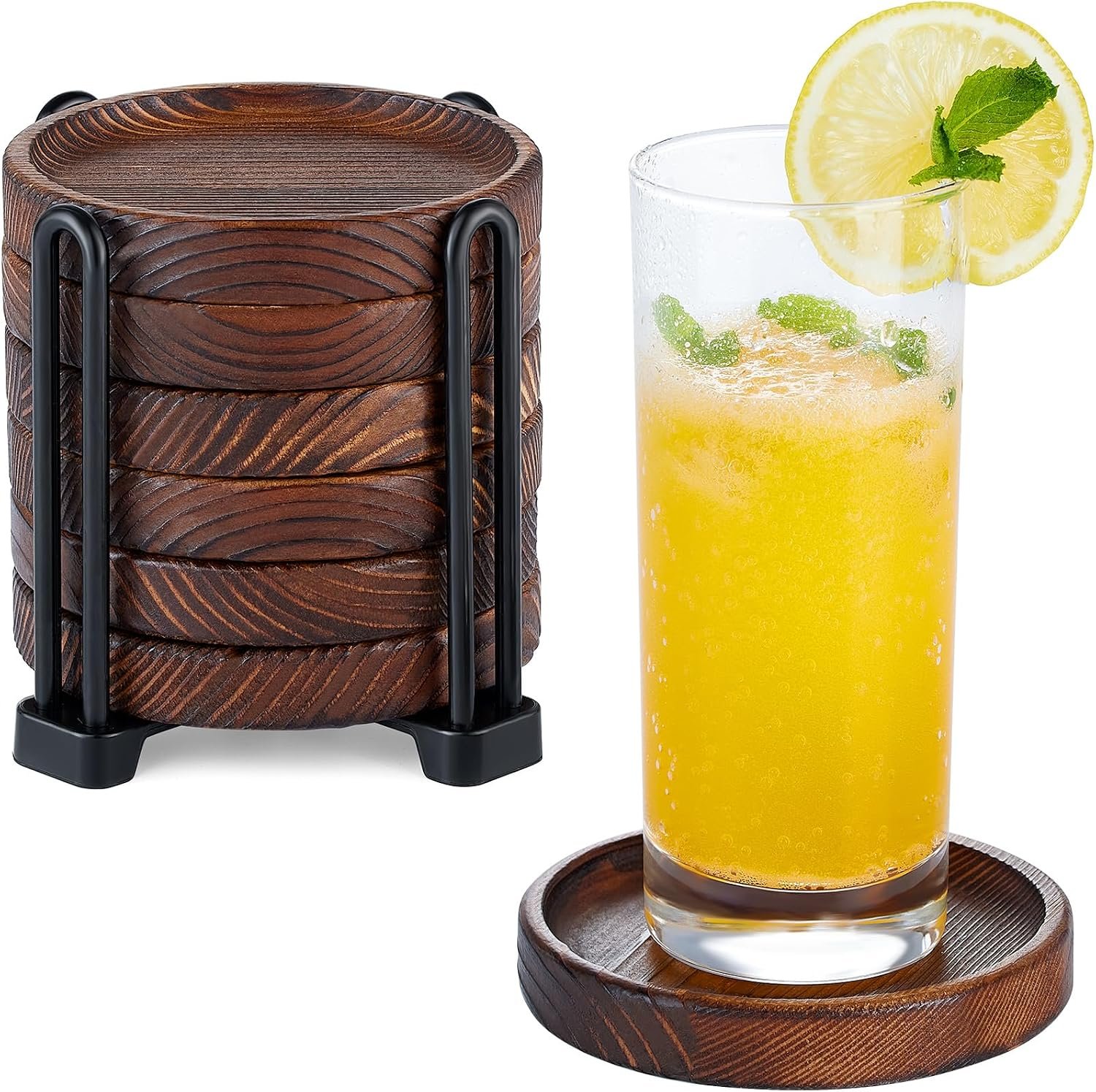 6Pcs Wooden Coasters for Drink-Acacia Wood Drink Coasters Set with Holder