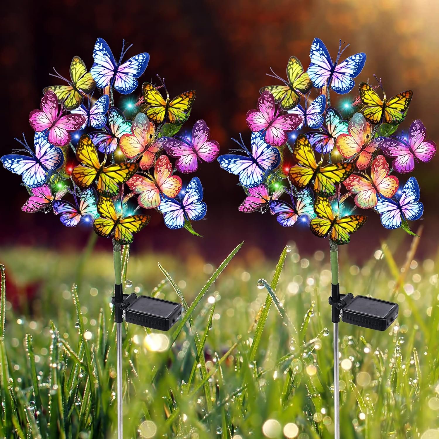 Adecorty Solar Garden Lights Outdoor Waterproof Decorative Solar Lights Outdoor 2 Pack with 44 LED 34 Butterfly Flower Garden Decor Yard Patio Lawn, Gifts for Mother’s Day Mom Women