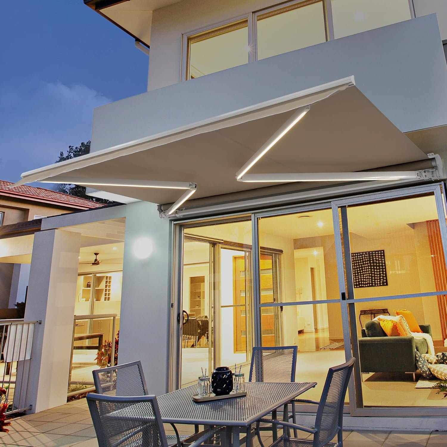 12’x10′ Patio Awning Retractable, Fully Assembled Motorized LED Light Awnings Electric Commercial Grade – Quality 100% Dope-Dyed Acrylic Window Door Sunshade Shelter – Deck Canopy Balcony