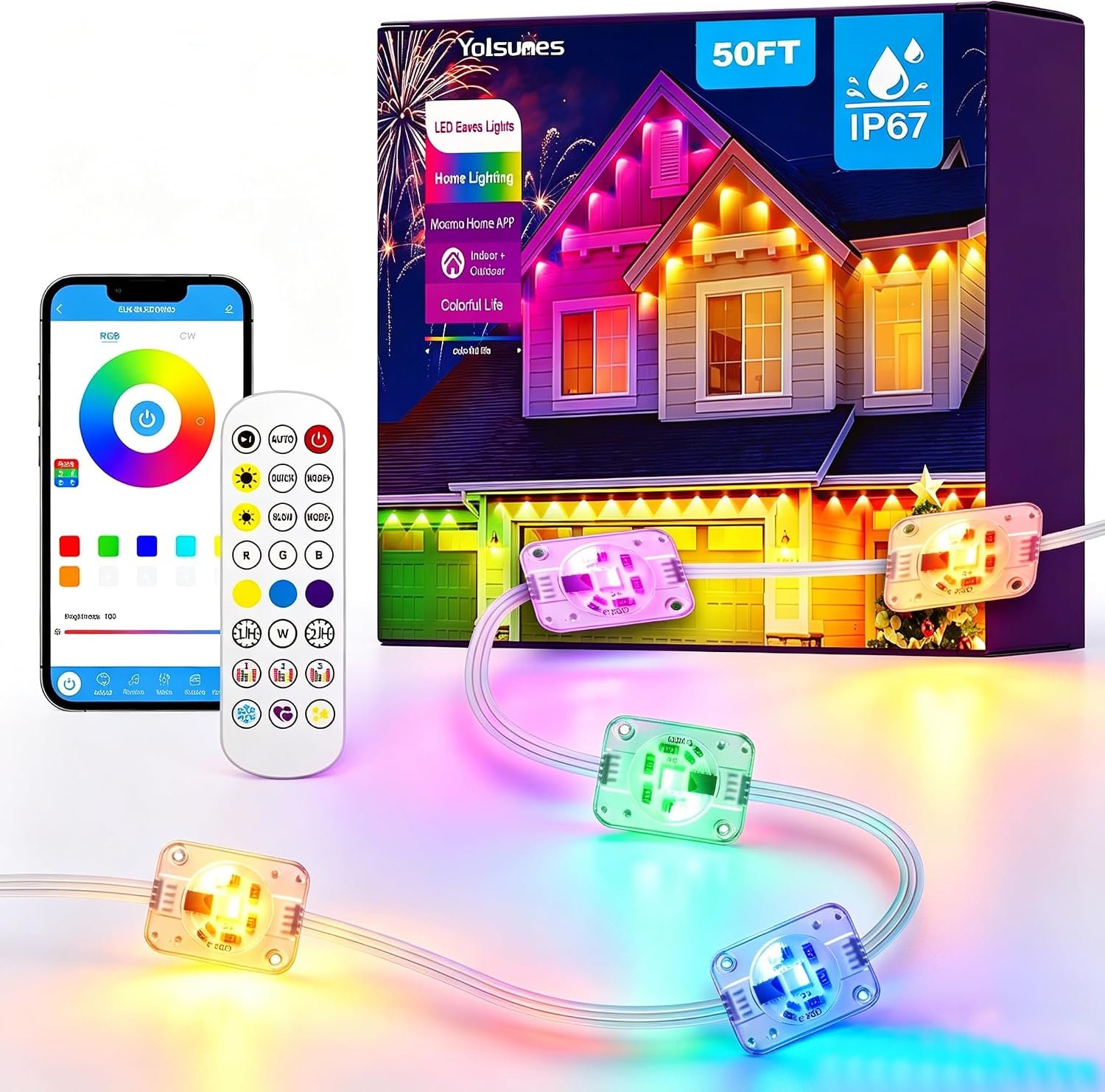 Permanent Outdoor Lights 50ft RGB+IC Eave Lights for House | IP67 Waterproof Smart LED Outdoor Lights with 16M Colors, App/Remote Control for Christmas, Halloween, Daily, Party