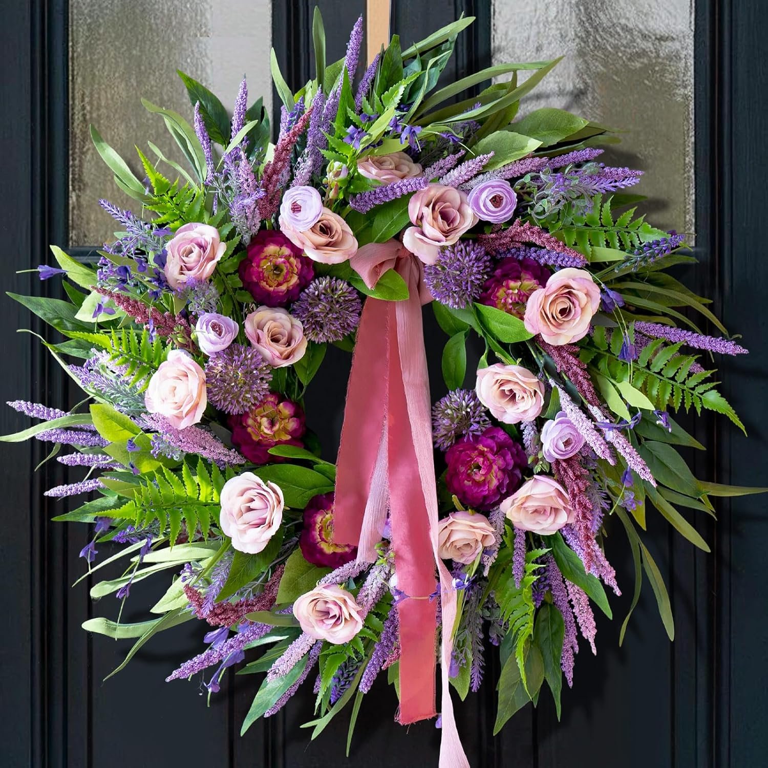 24 Inch Spring Summer Wreaths for Front Door Outside,Mantel,Porch&Entryway | Artificial Lavender Peony Wreath with Pink Ribbon,Rose&Green Leaves- Farmhouse Home Wall Valentine’s Day Seasonal Display