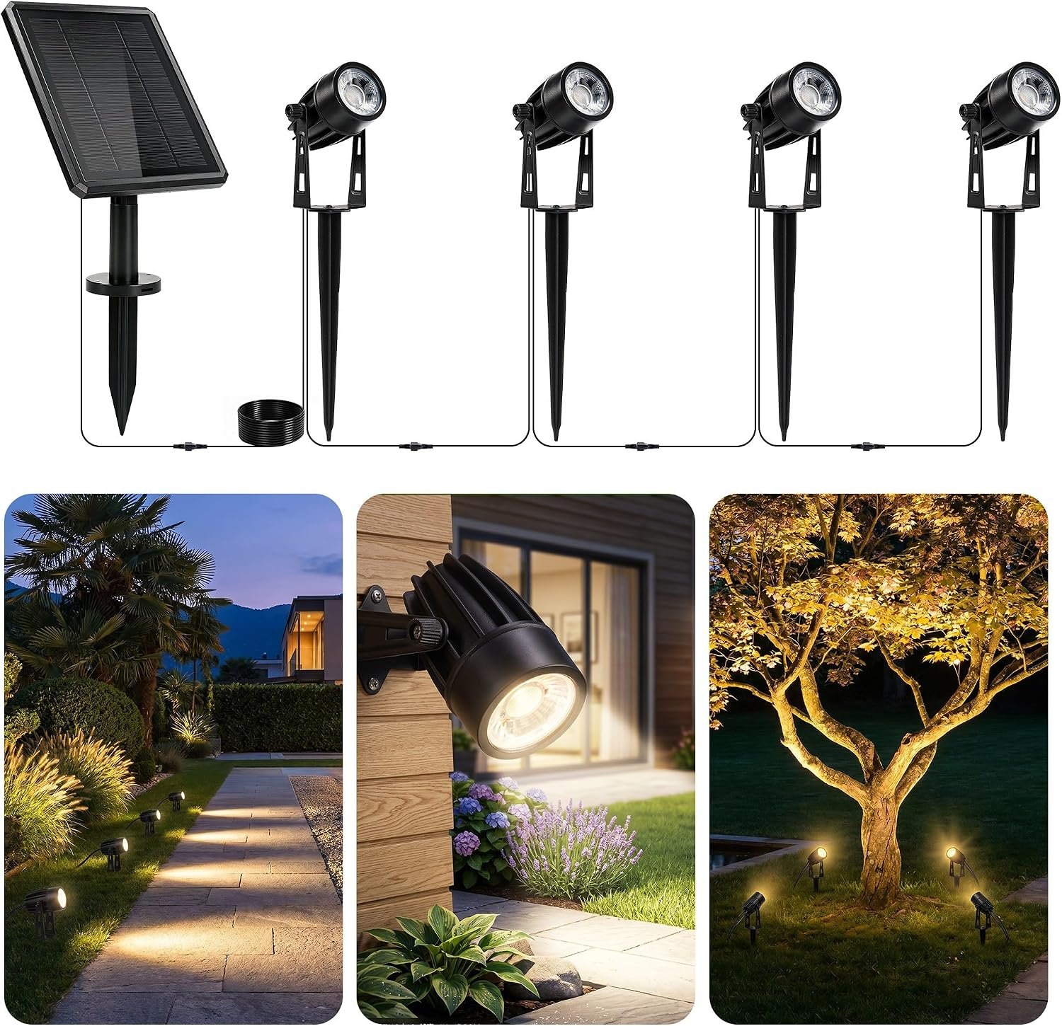 pearlstar Solar Spot Lights Outdoor Palm Tree Uplights 4pack 2-in-1 Stake&Wall Mounted Landscape Spotlights IP65 Waterproof for Flag Plants Sculpture Pool Yard Pathway, Dusk to Dawn Warm White Light