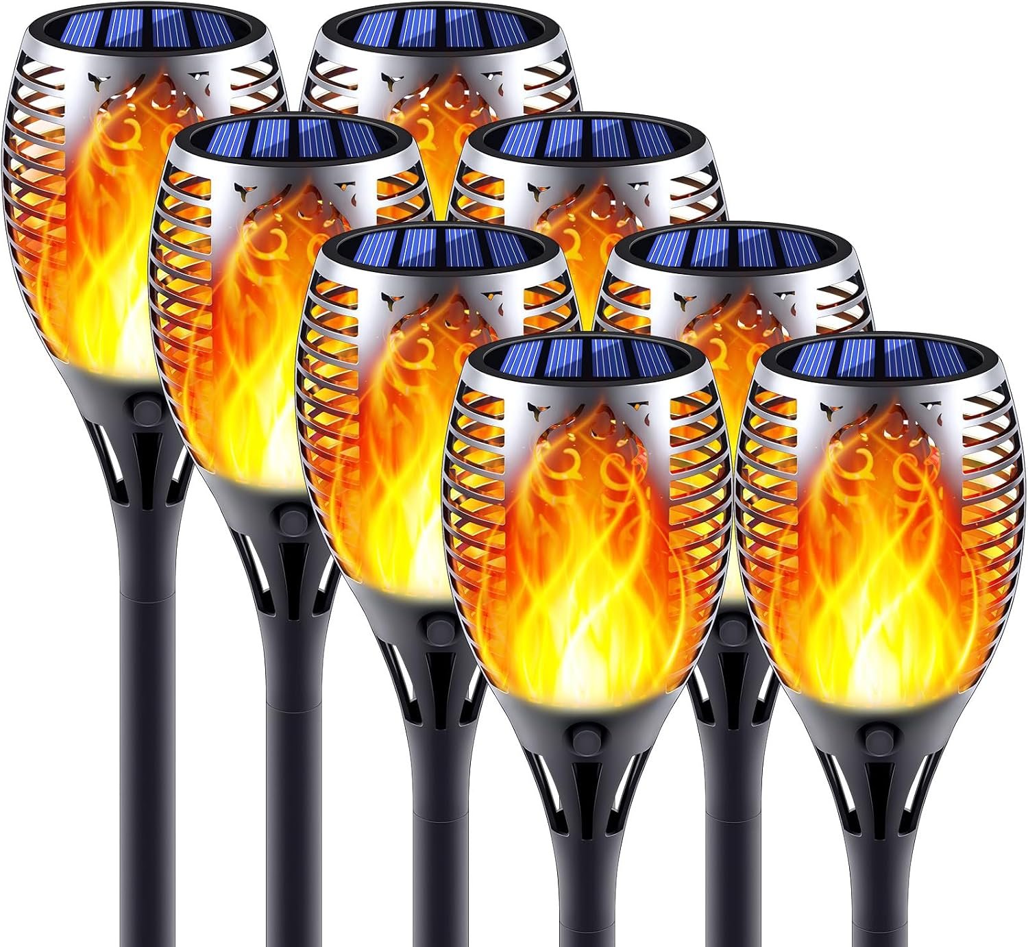 8 Pack Large Size Solar Flame Lights Outdoor with Flickering Flame | Dancing Fake Fire Troch Lights for Front Back Yard Patio Garden Outside Decoration Waterproof Luces Solares Para Exteriores