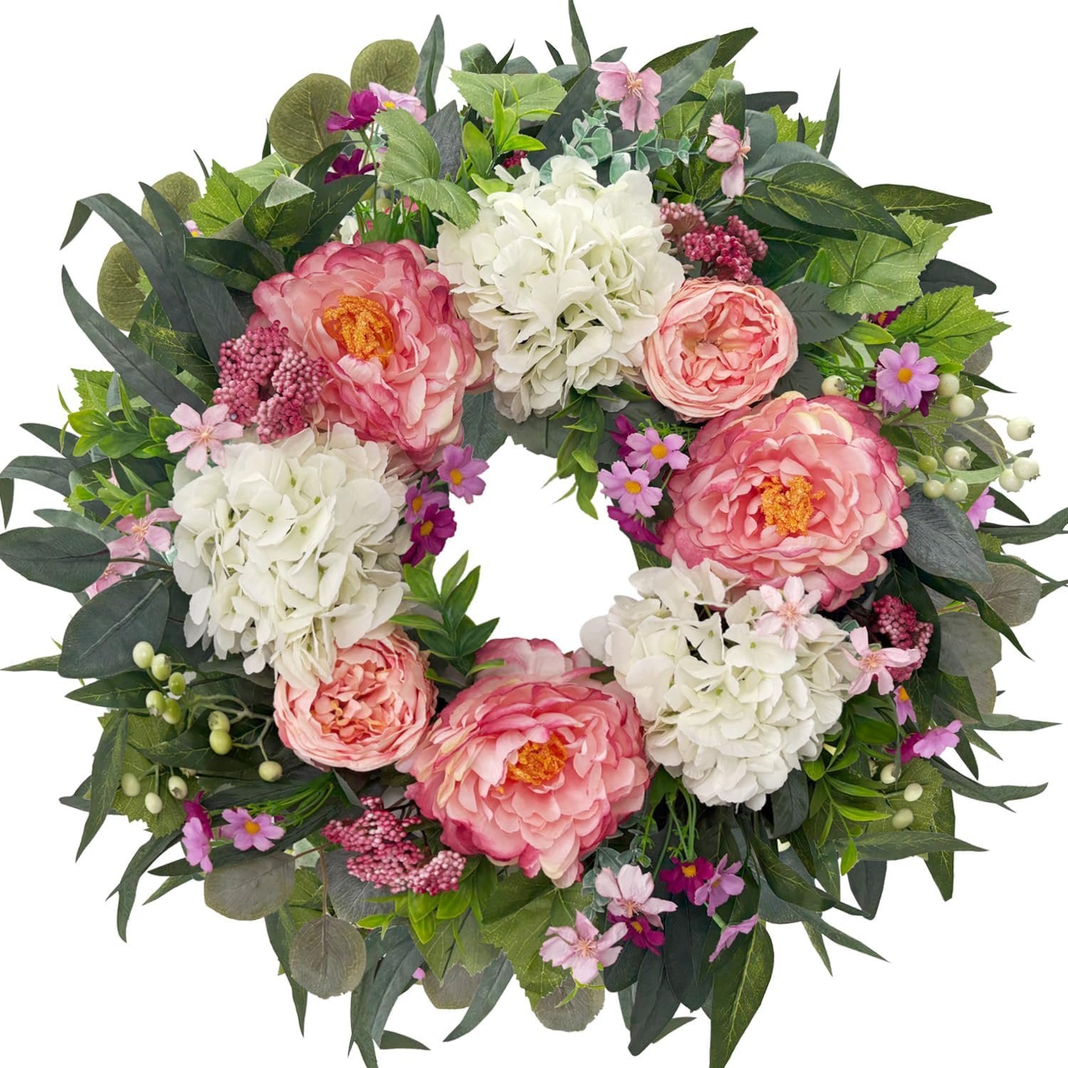 HipTree 24 Inch Spring Wreaths for Front Door with Peony Hydrangeas | Handmade Silk Pink White Floral for Mothers Day,Summer,Wedding,Valentines Day Decorations,Indoor Outdoor and Wall Decor
