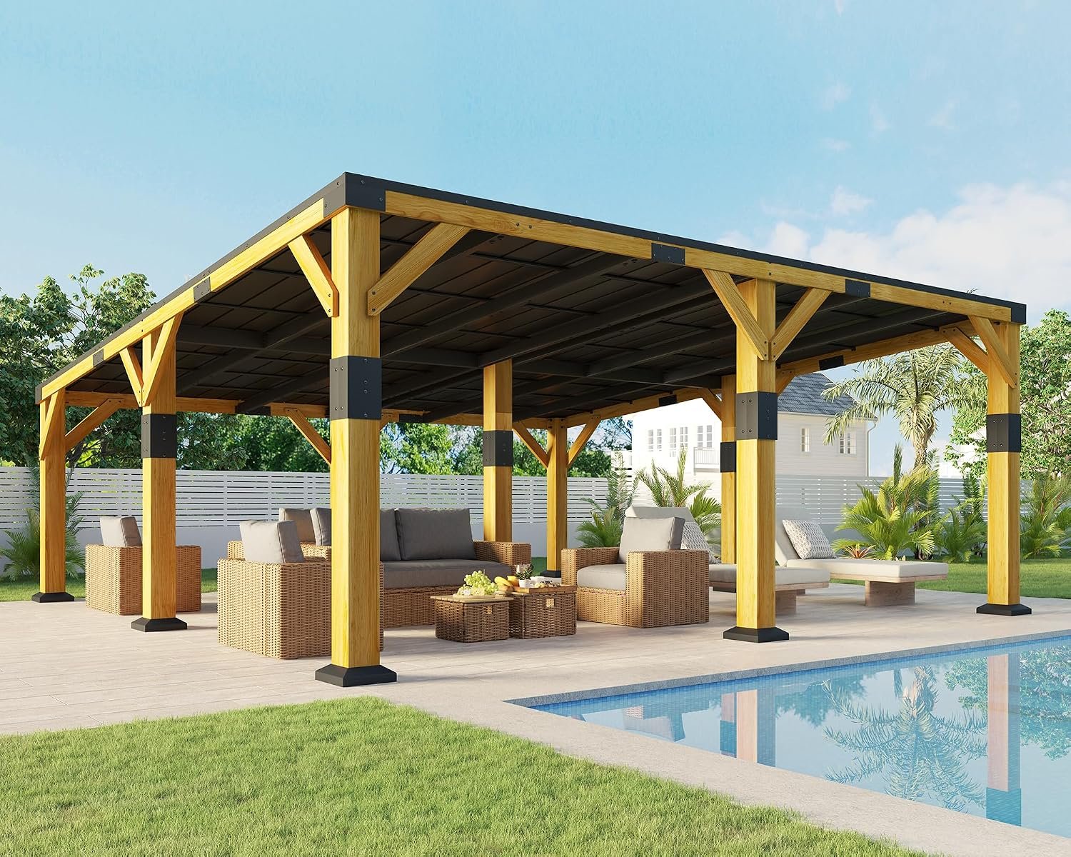 Jocisland 20′ x 20′ Cedar Wood Gazebo with Sloped Galvanized Steel Roof | Hardtop Gazebo Pavilion with Durable, Rot-Resistant Construction, Permanent Outdoor Pergola for Backyard, Garden & Deck