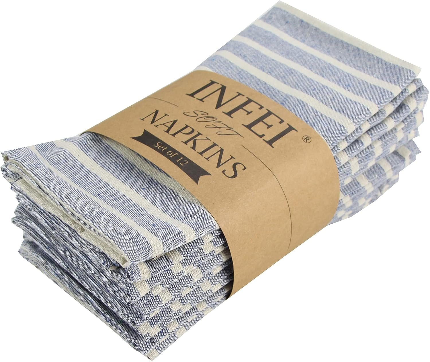 Broad Striped Cotton Blended Dinner Cloth Napkins – Set of 12 (40 x 30 cm) – for Events & Home Use (Blue)