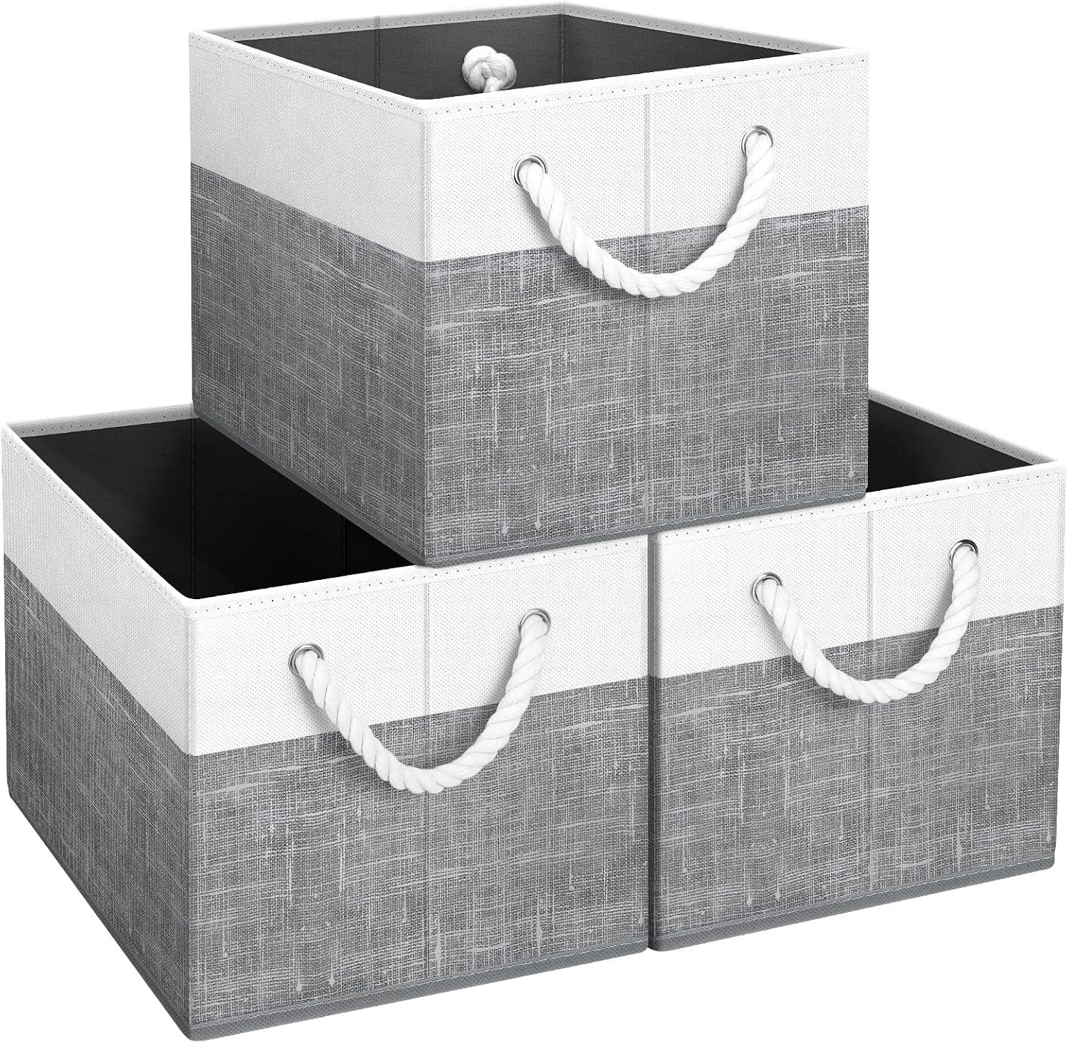 Storage Bins Foldable Storage Baskets with Rope Handles | 3-Pack Storage Bins for Organizing Toys, Books, Shelves, Closet, Large Storage Box Sturdy Organizer Bins, White & Grey