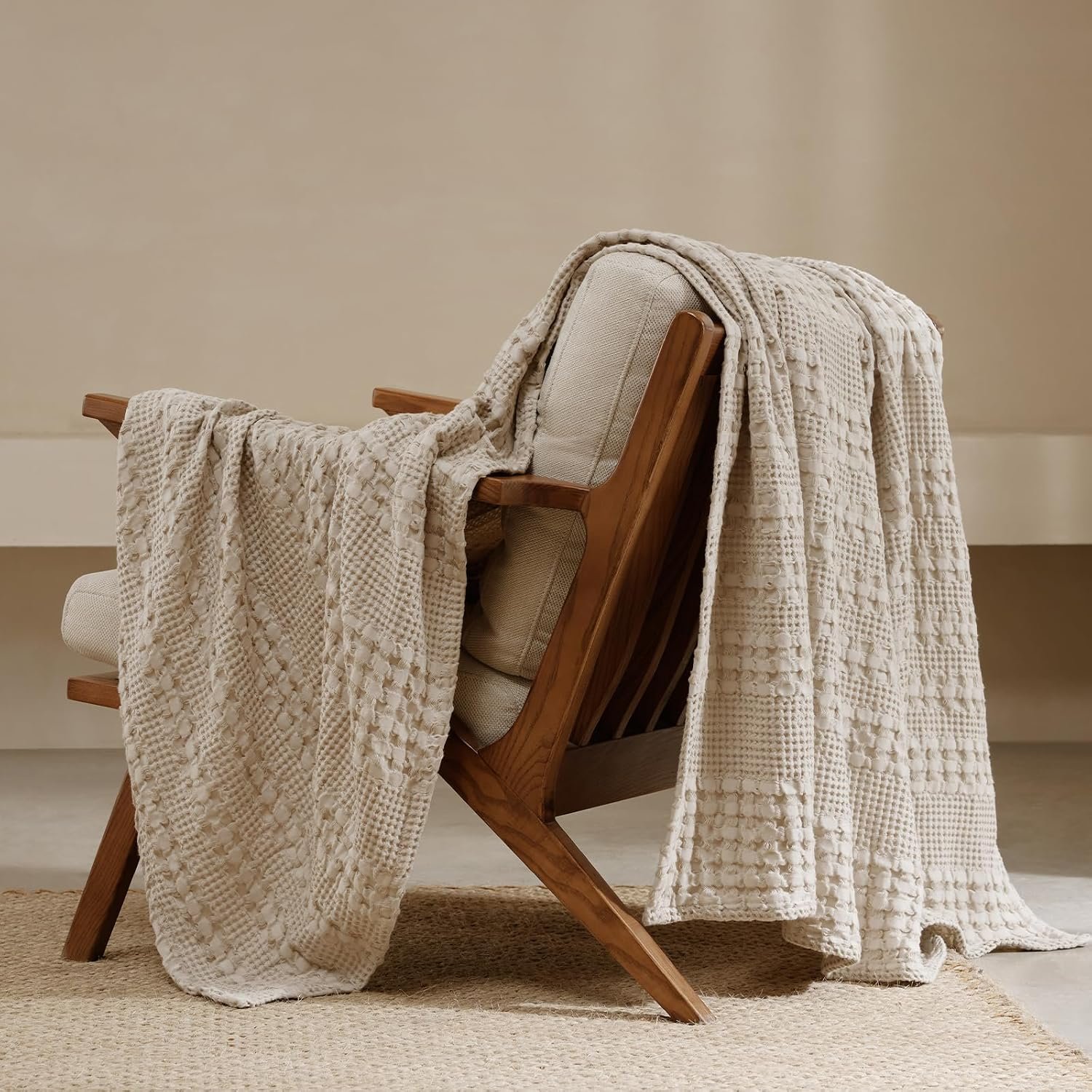 PHF 100% Cotton Waffle Weave Throw Blanket, Lightweight Breathable Summer Blanket for Couch Sofa, Pre-Washed Soft Throws for Bed, Office, Travel & Stylish Home Decor, 50″x60″, Light Taupe/Oatmeal