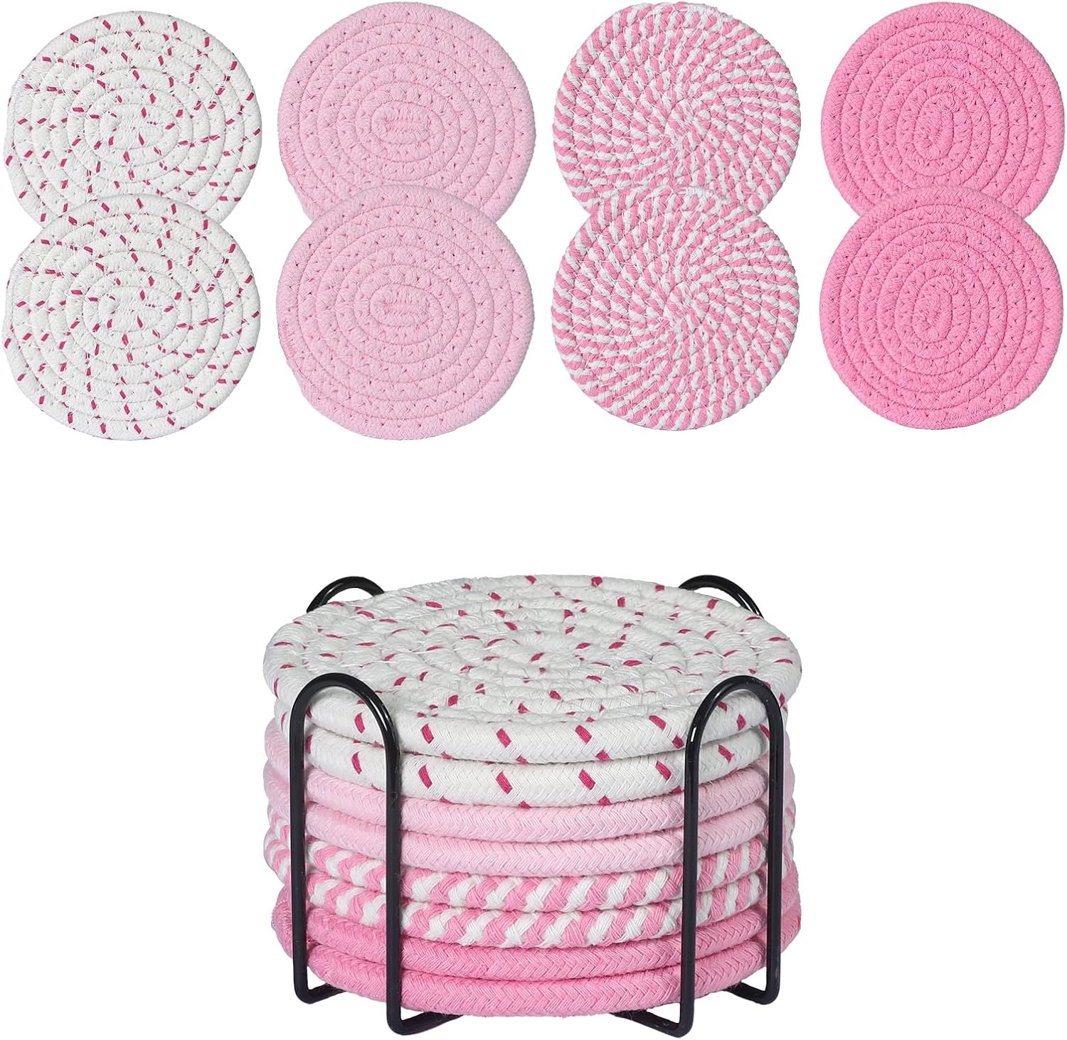 Drink Coasters Set of 8 with Holder, Cotton Woven,Pink | Absorbent cotton woven coasters in 4 colors for coffee and beer. Provides reliable tabletop protection against water rings.