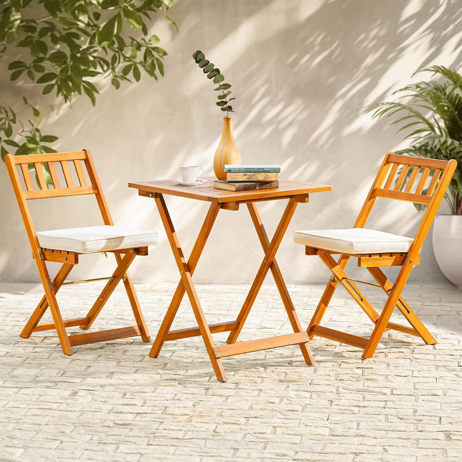 3-Piece Folding FSC Acacia Wood Bistro Set with Cushions, 400 lbs
