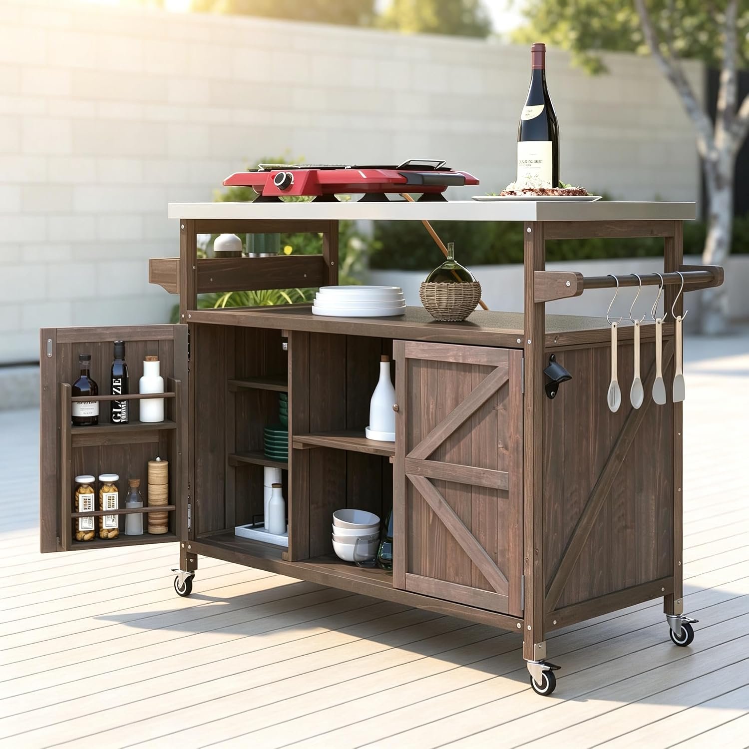 50.25″ Outdoor Grill Table with Storage & Locking Wheels | Outdoor grill table,outdoor wood cabinet for grill,kitchen island with storage,steel top,spice rack,prep table for grilling
