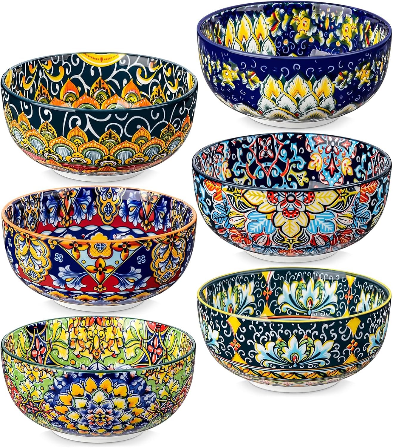 vancasso SIMI 28 oz Cereal Bowls Set of 6, Bohemian Ceramic Soup Bowls | For Pasta, Salad, Ramen, Fruit Serving, Dishwasher and Microwave Safe, Porcelain, Chip-Resistant, Decorative Bowls