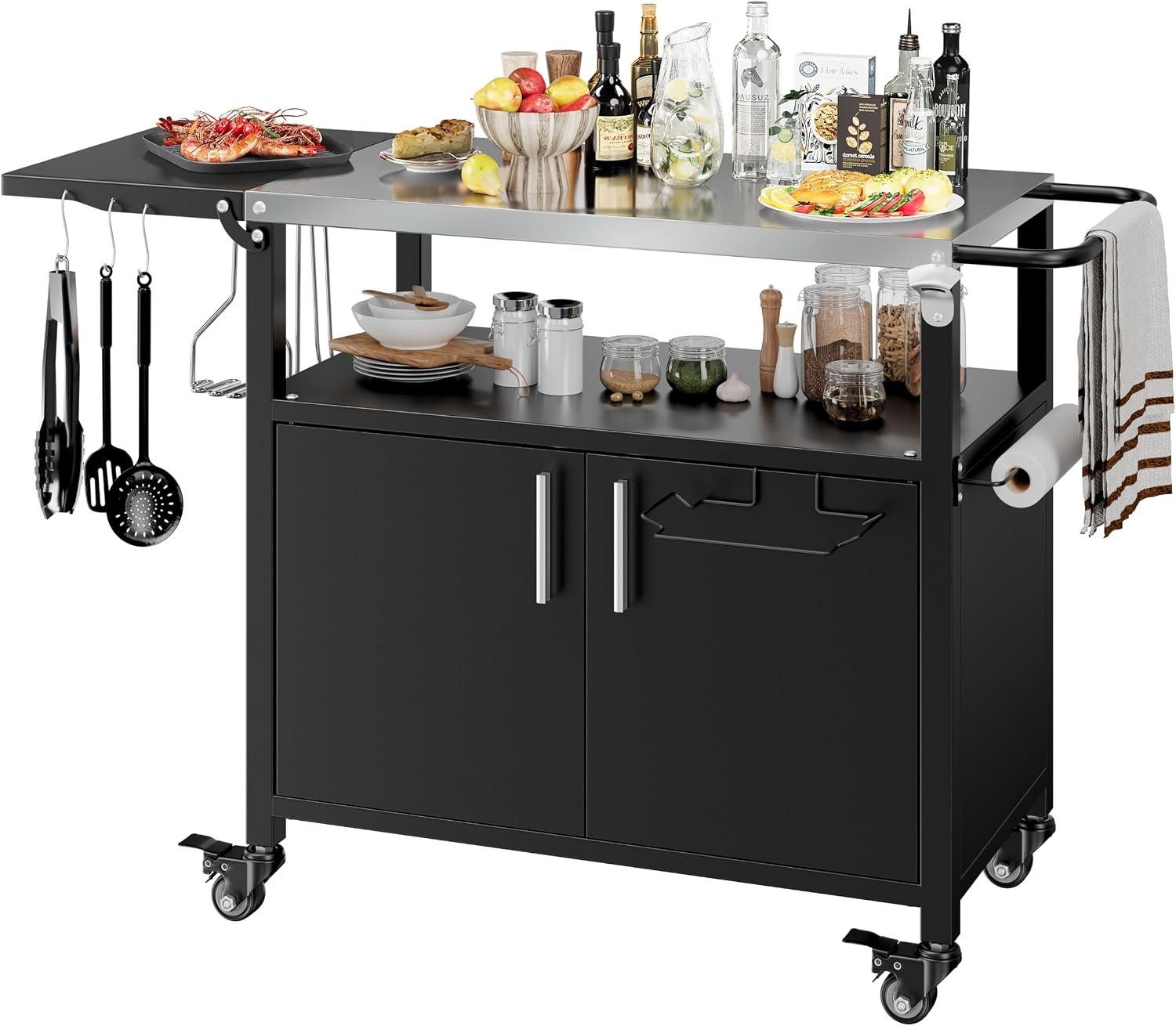 Vongrasig Outdoor Grill Cart, Patio Kitchen Island with Storage, Outdoor Bar Table BBQ Cart Pizza Oven Table with Foldable Stainless Steel Top & Wheels, Black