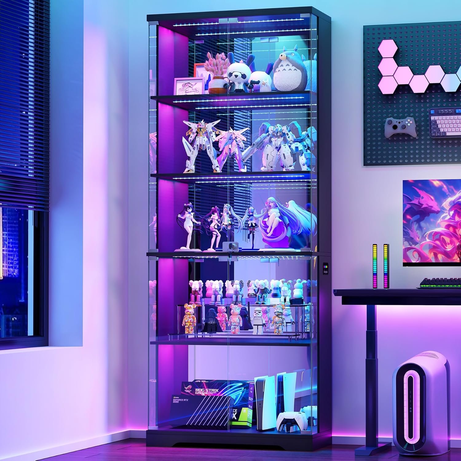 Dystler Glass Display Cabinet with Doors and RGB LED Lights | 69″ Tall Curio Cabinet, 5-Tier Wooden Shelves, Lockable Display Case, Motion Sensor, for Collectibles, Living Room, Black