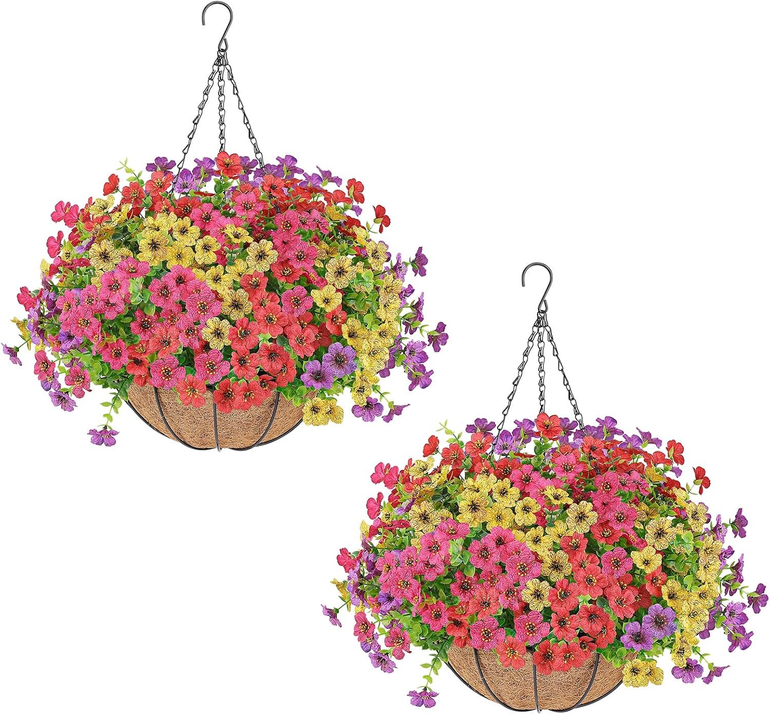 AGIRL 2 Set Artificial Hanging Flowers with Baskets for Outdoors | UV Resistant Fake Plants for Outdoor Porch Patio Garden, Realistic Silk Flowers for Spring Summer Home Decor