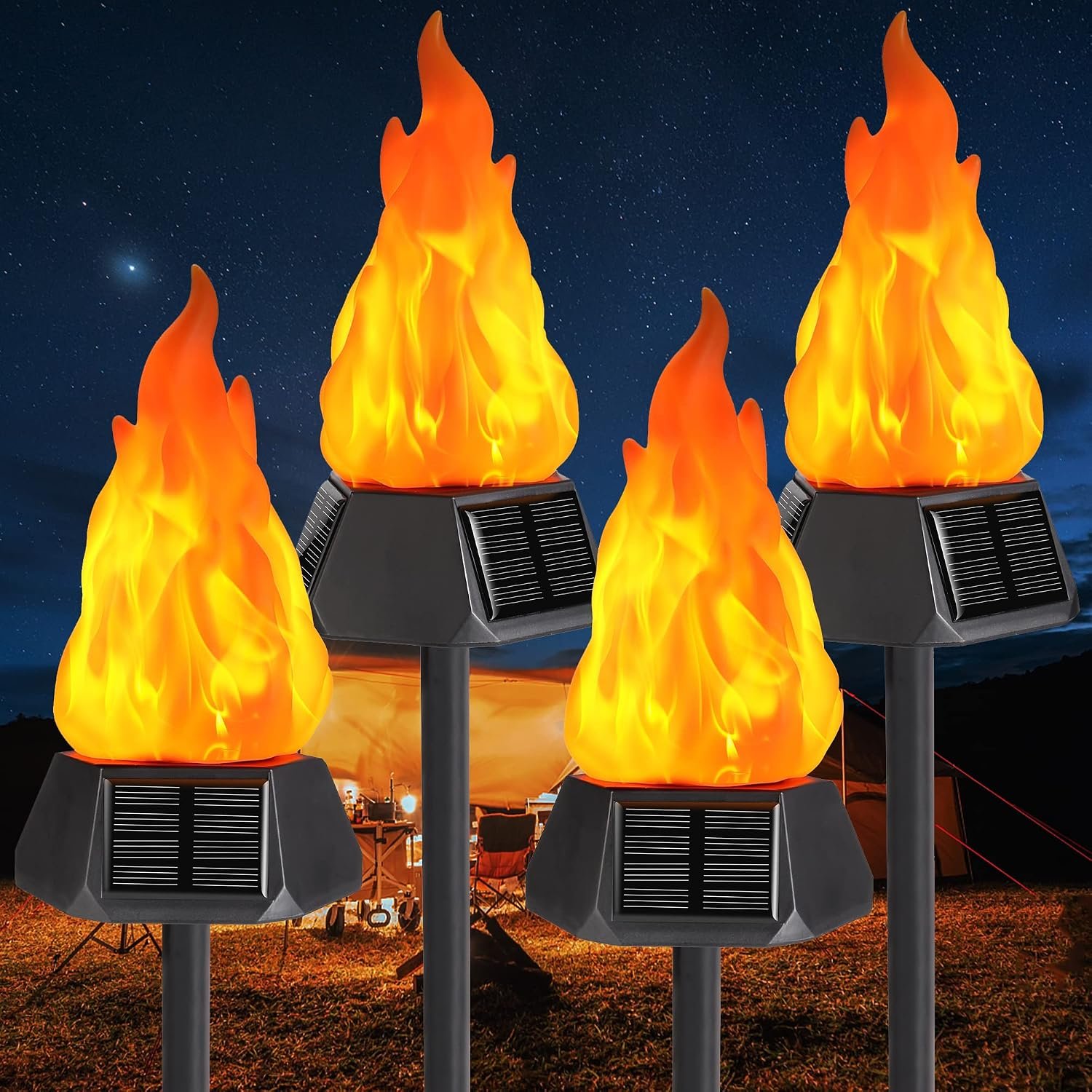 Toodour Solar Halloween Lights Outdoor, 4 Pack Solar Torch Light Waterproof | With Flickering Flame, LED Flame Torches, Solar Outdoor Lights Orange for Camping Garden Landscape Yard Halloween Decor