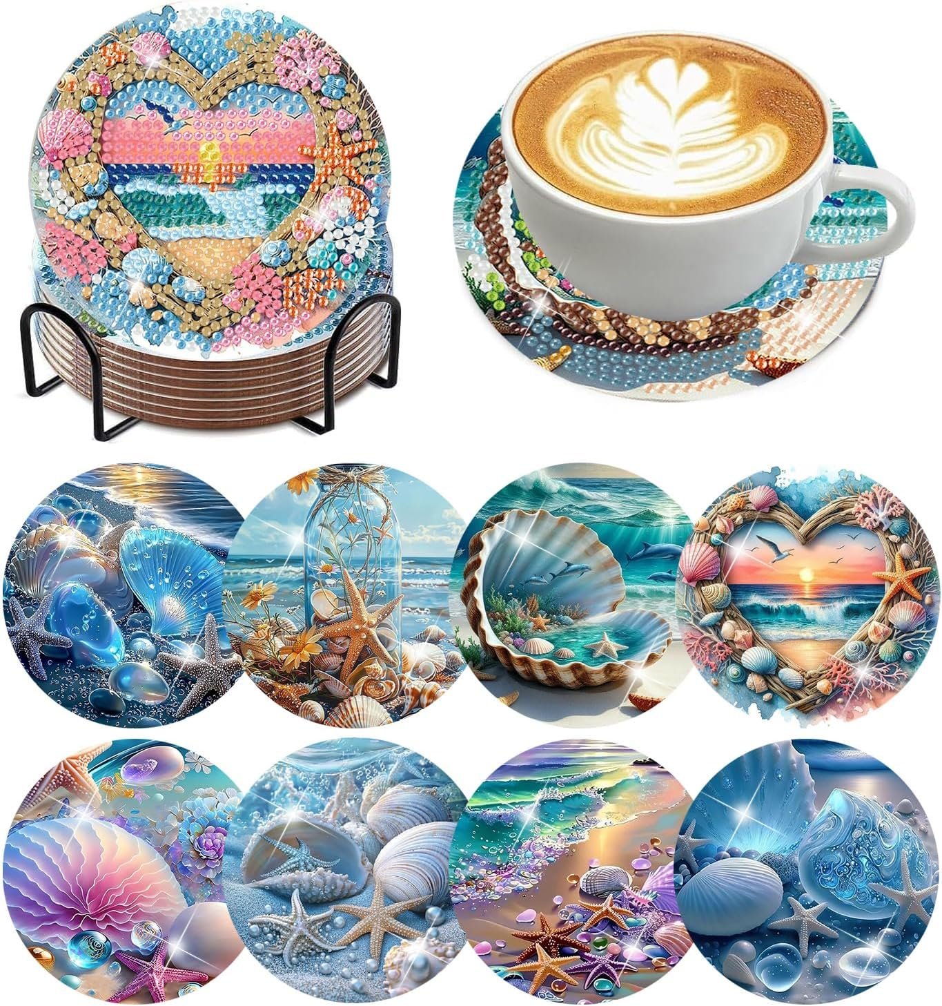 Ekuxom 8 PCS Beach Diamond Art Coasters Kits with Holder | Diamond Painting Coasters Kits-Non Slip DIY Crafts Art Coaster Kit for Crafts Gifts