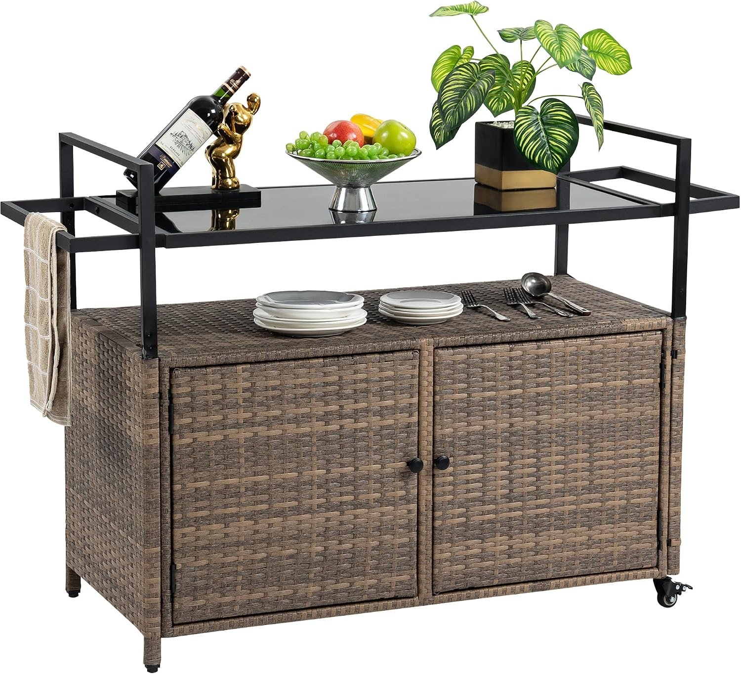 Outdoor Bar Cart Table, Brown | Patio Console Storage Cabinet BBQ Grill Carts Buffet with Wheels Waterproof Wicker Serving Tables for Outside,