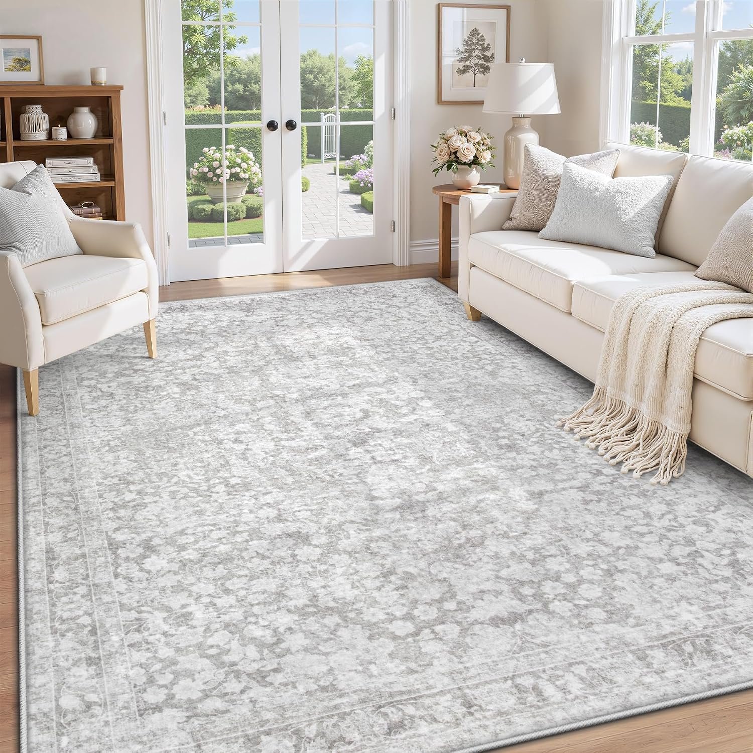 5×7 Area Rugs for Living Room: Boho Vintage Washable Rug Non-Slip Soft Stain Repellent Area Rugs Indoor Low-Pile Carpet for Bedroom Nursery Office Dining Room Playroom Farmhouse (Grey, 5’x7′)