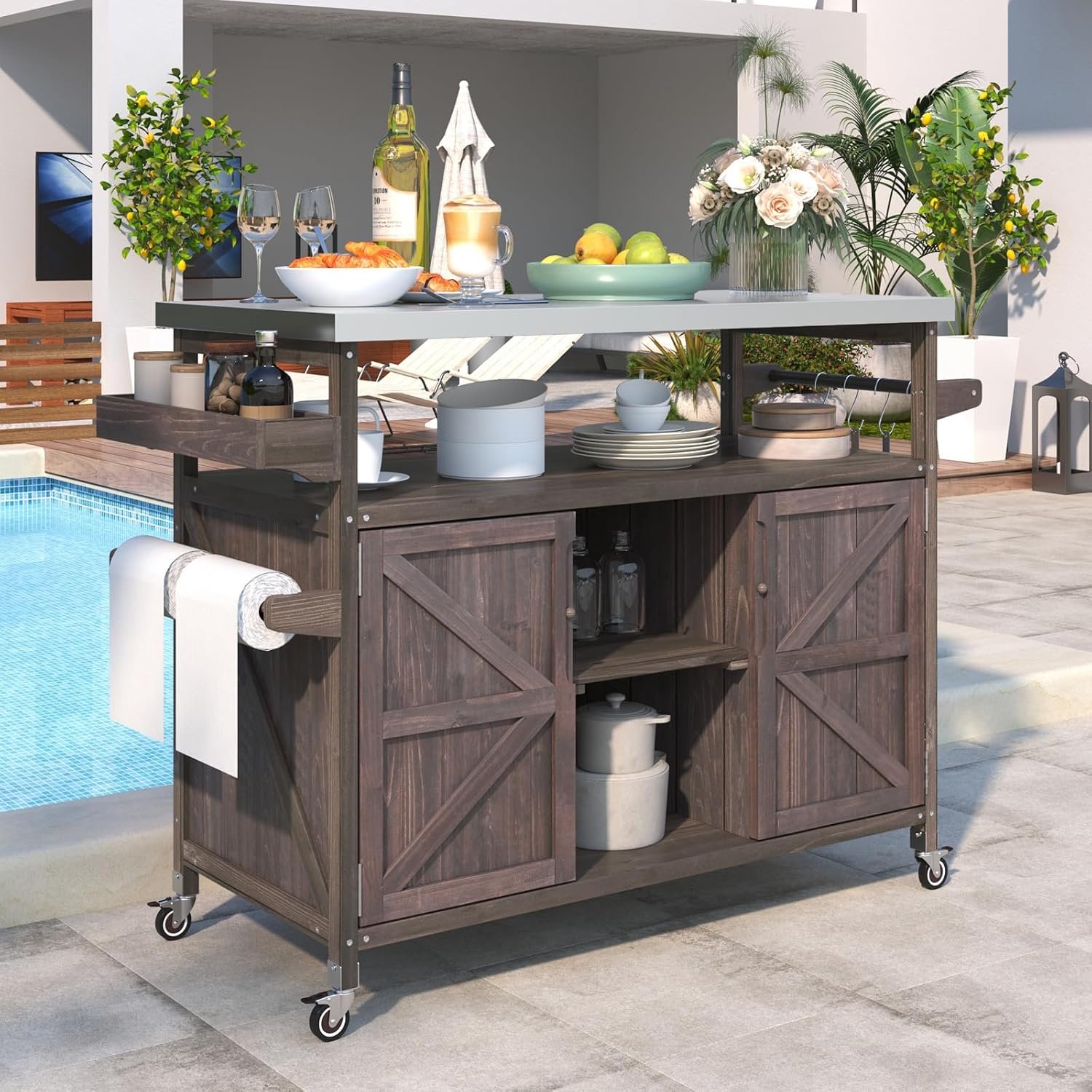 Outdoor Bar Cart with Storage Cabinet, Portable Rolling Kitchen Island Outdoor Console Prep Table with Stainless Steel Top for Grill, Kitchen & BBQ (Dark Brown)