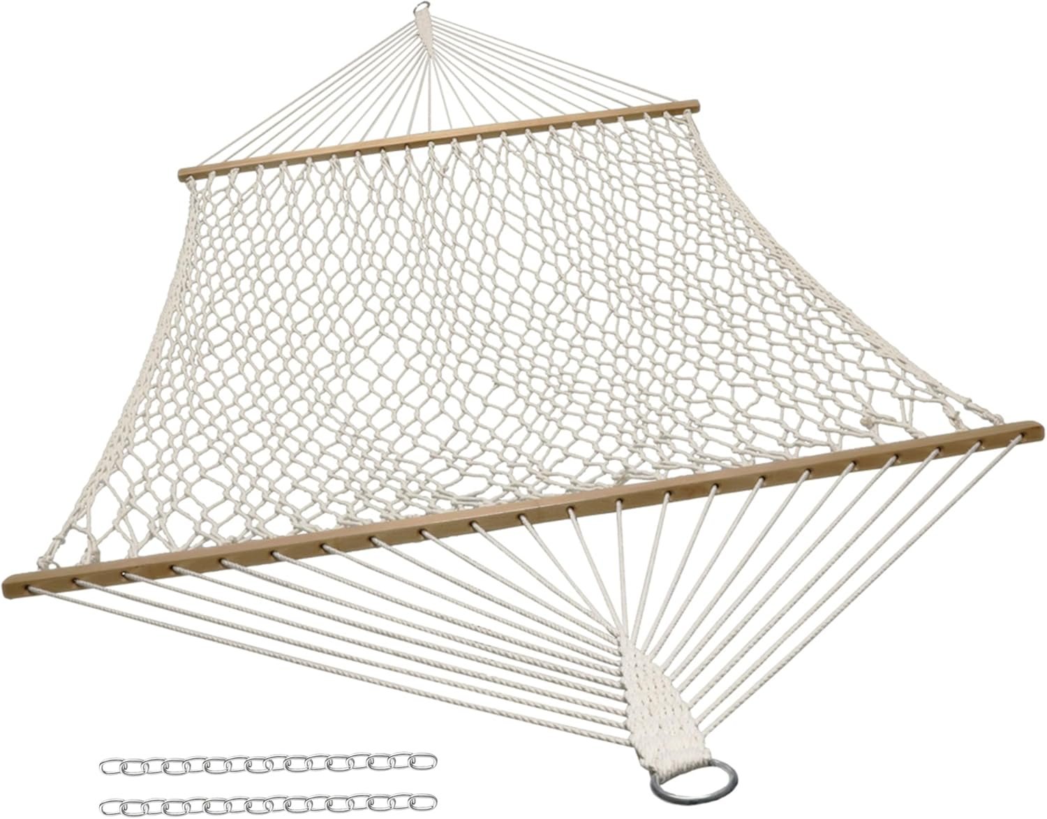 Sunnydaze Double Cotton Rope Hammock for Outside, 450 lb Capacity, Natural | 74″ x 55″ Bed, Pre-Attached Hanging Chains Included, Hardwood Spreader Bars, 2-Person Heavy Duty Woven Hammock without Stand