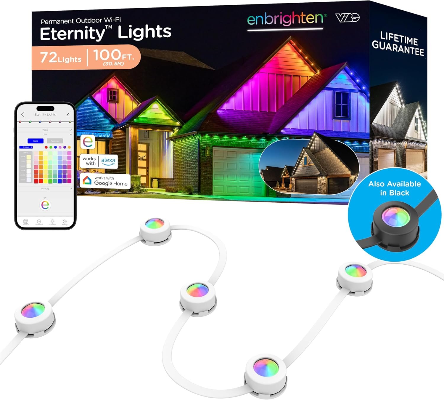 Enbrighten Eternity Permanent Outdoor Lights, 100ft, 72 Lights, Smart | White Cord, RGBWIC LEDs, Weatherproof, Cuttable, Link to 200ft, Christmas, App Control, Works with Alexa & Google Home