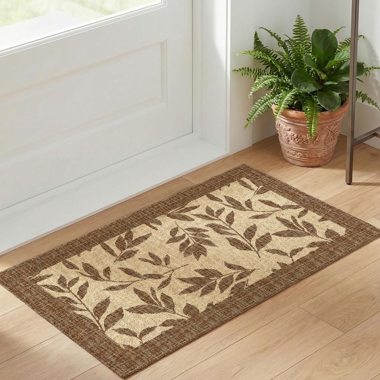 Artoid Mode Brown Washable Non Slip Leaves Doormat, Seasonal Home Decor Absorbent Natural Rubber Back Door Mat Floor Mat 17×29 Inch