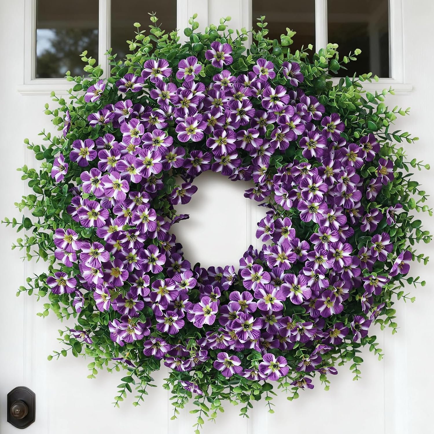 26″ Large Artificial Eucalyptus with Flower Wreath for Home(Purple) | Realistic Fake Silk Morning Glory Flowers, Faux Outdoor Flower Wreath, for Front Door Farmhouse Spring Summer Decor