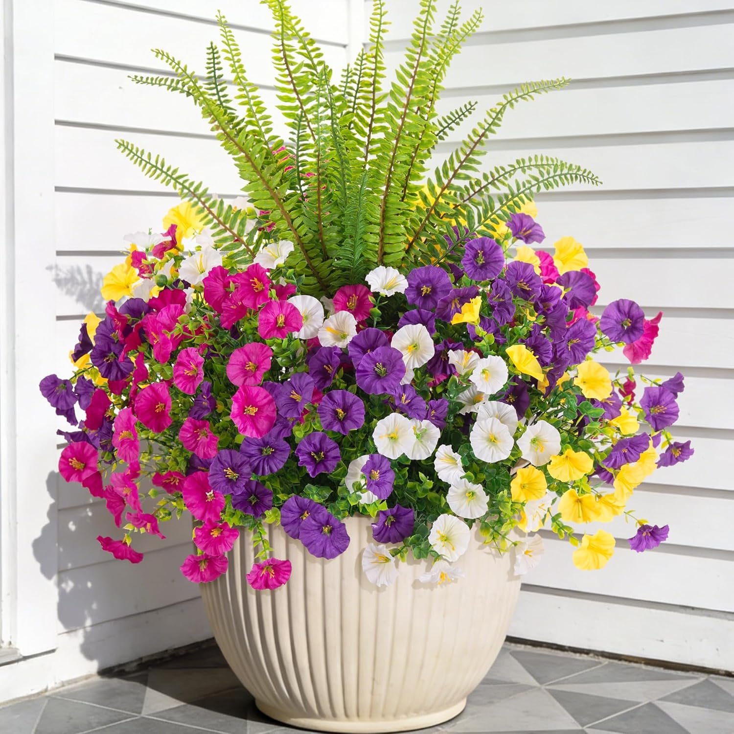Artificial Flowers Fake Plants for Outdoors Decoration, 12 Bundles Silk Morning Glory with Boston Fern Realistic UV Resistant Faux Flowers for Outside Planter Yard Patio Garden Home Indoor Urn