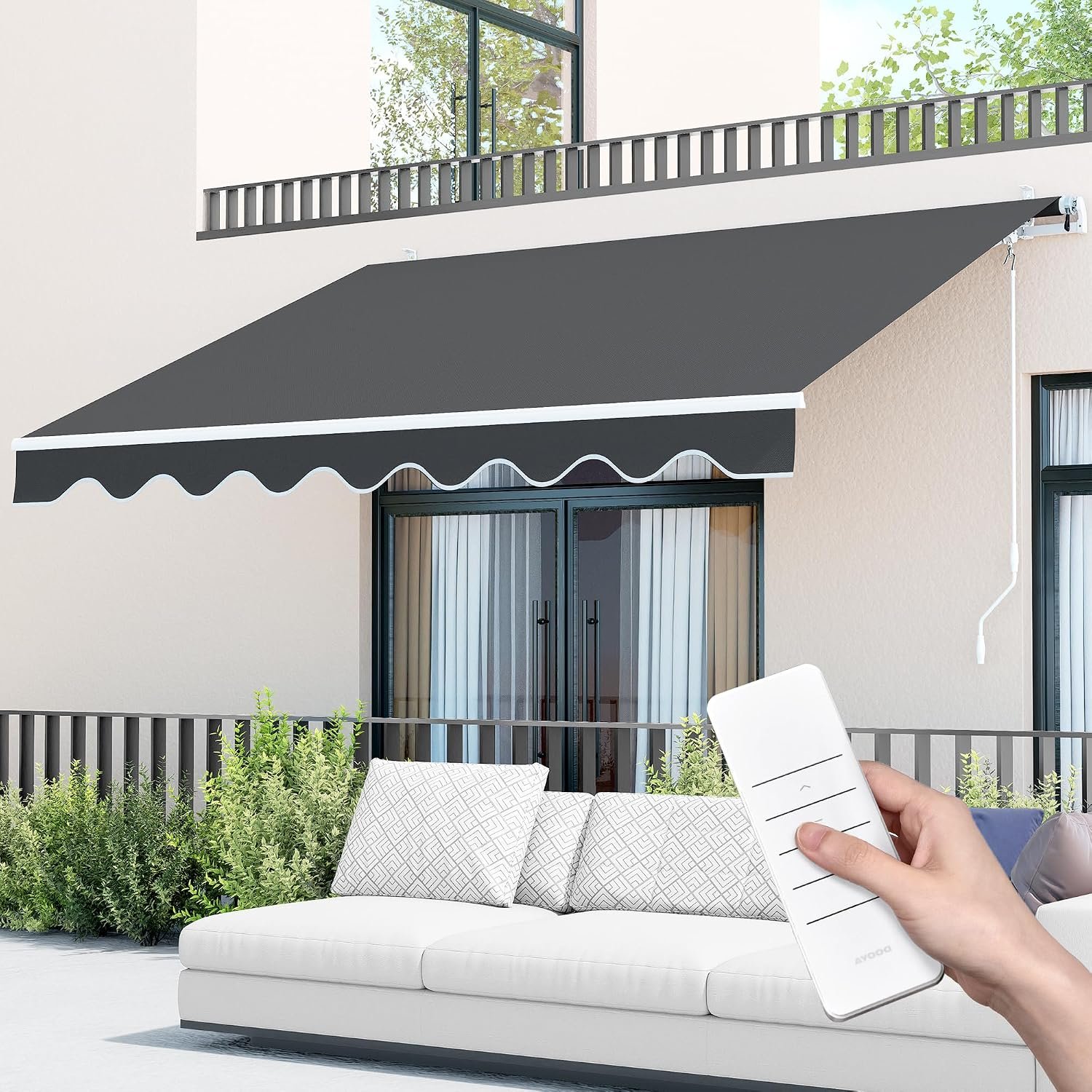 9.8’x8.2′ Patio Awning Retractable Fully Assembled, Charcoal Grey | Motorized Sunshade Shelter Outdoor Deck Canopy Balcony Awning Cover – 100% Solution-Dyed European Acrylic Aluminum Frame