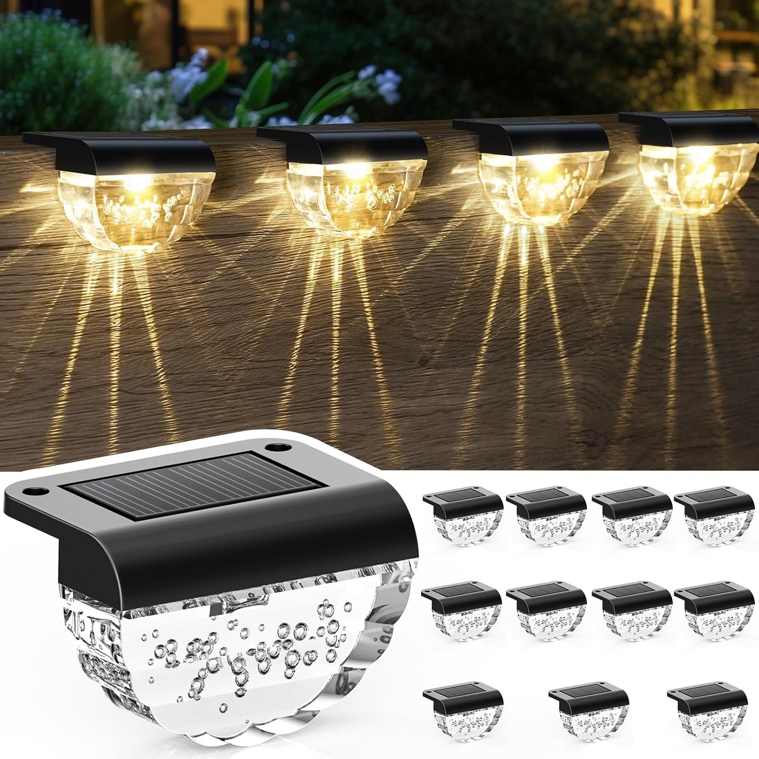 Melunar 12 Pack Solar Deck Lights Outdoor, Solar Step Lights Waterproof for Outside, Yard, Patio, Garden, Pool, Railing, Stairs, Fence (Warm White)