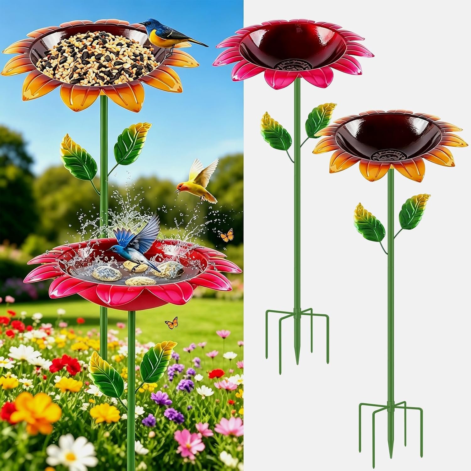 Bird Bath for Outside, 2 Pack 31.5 Inch Metal Bird Baths with Stake and Upgraded 5-Prong Base, Freestanding Sunflower Birdbath Birdfeeder Deep Water Bowl Feeder for Lawn Yard Garden Decor
