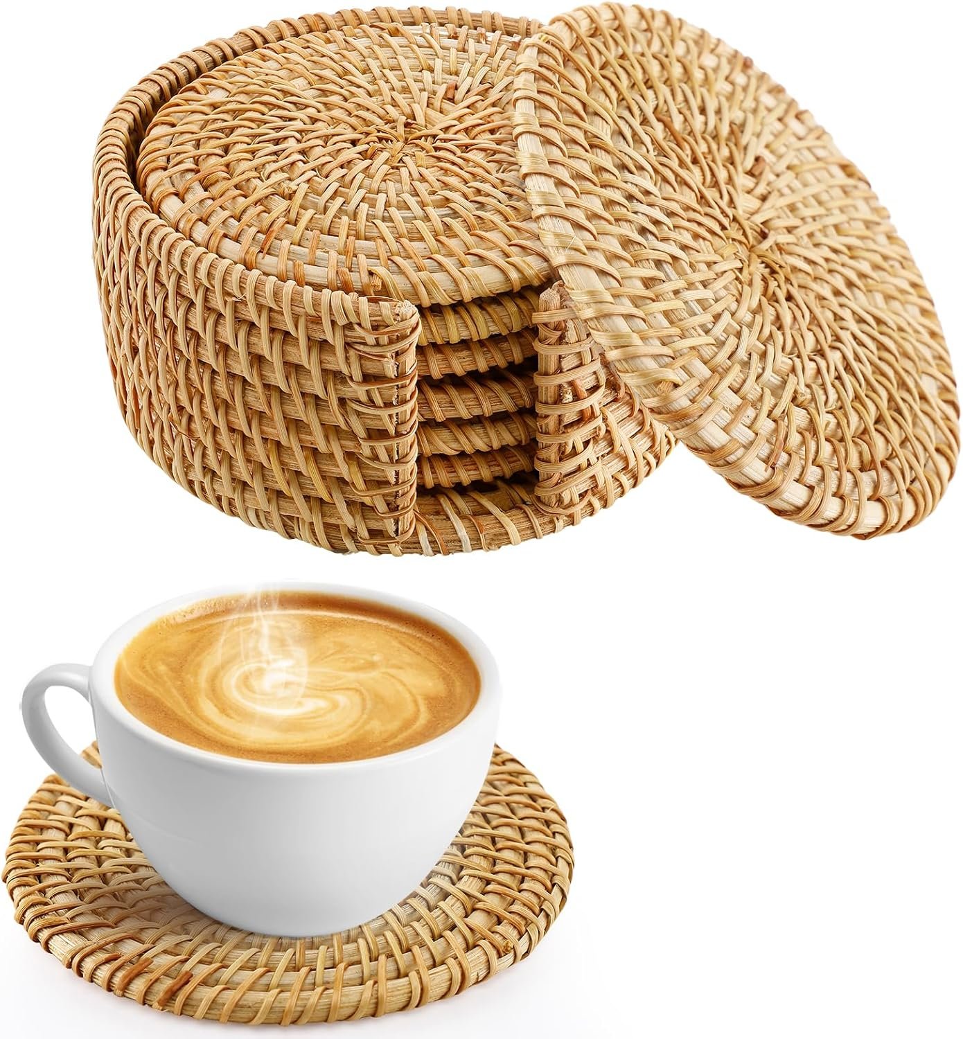 6Pcs Handmade Natural Rattan Coasters Set with Holder, Boho Coastal Decor | Farmhouse Aesthetic Drink Coasters, Home Kitchen Beach Decor, Housewarming Gifts