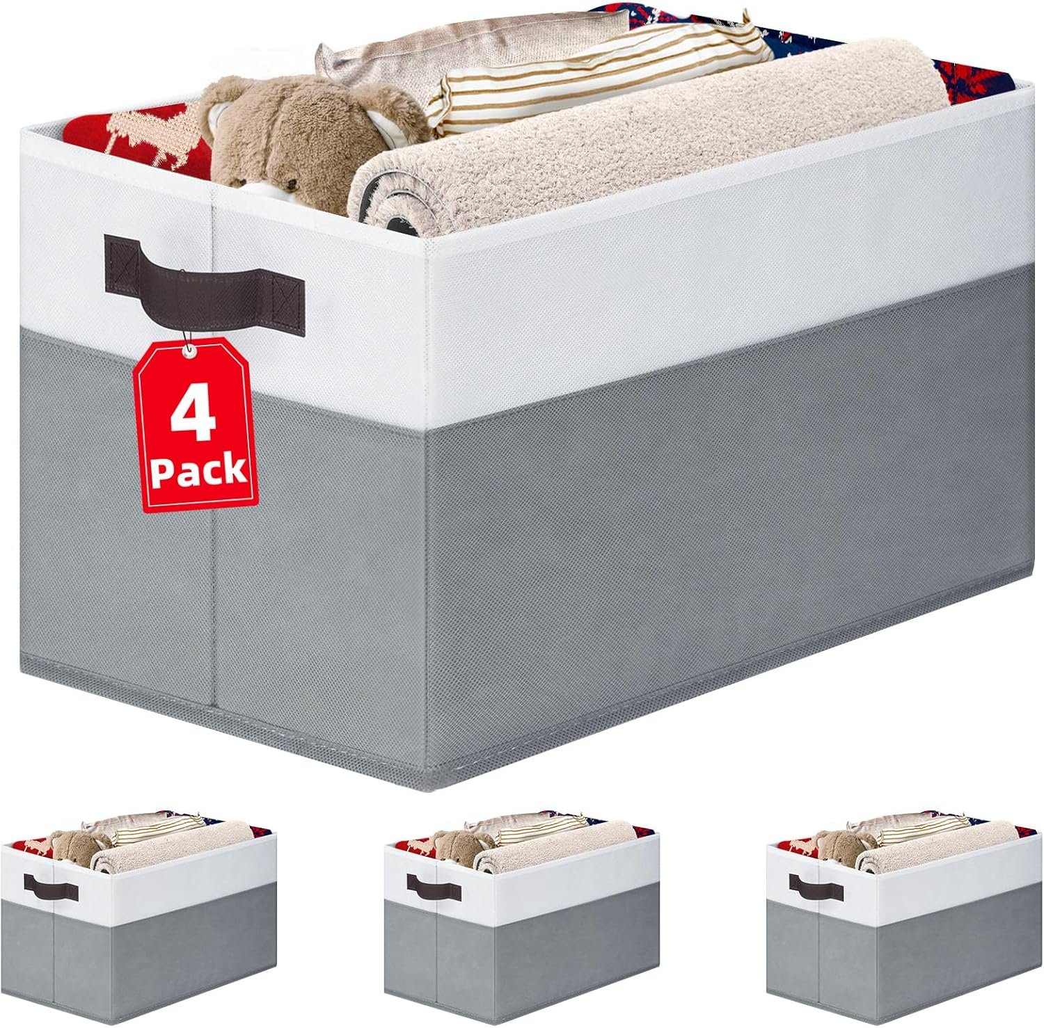 4 Pack Large Closet Storage Baskets Bins for Shelves | Fabric Closet Organizers and Storage with Handles Home Organization | Decorative Collapsible Baskets for Organizing Clothes Toy Nursery 14″x10″