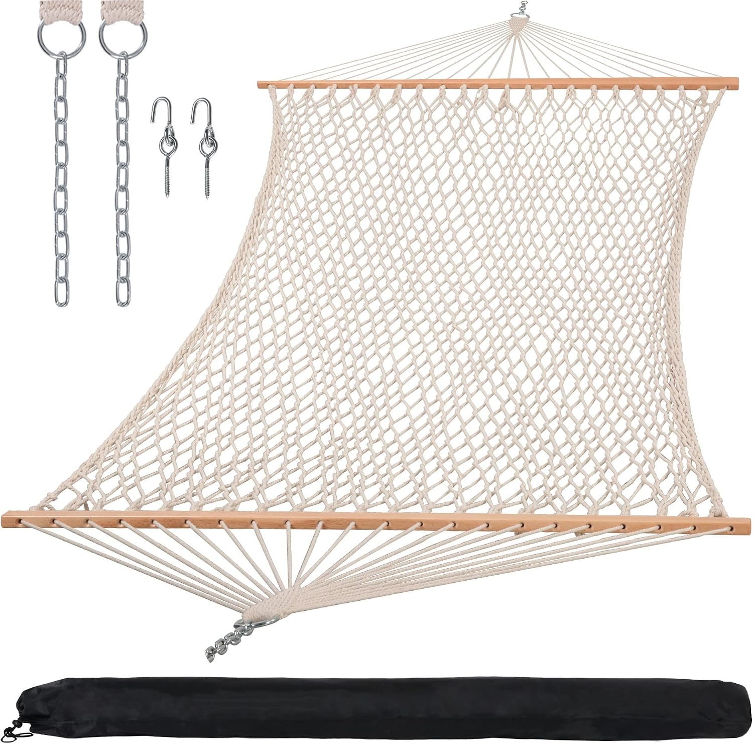 Traditional Rope Double Hammock, 450 lbs Capacity, Natural | Hammock with Hardwood Spreader Bar and Carrying Bag