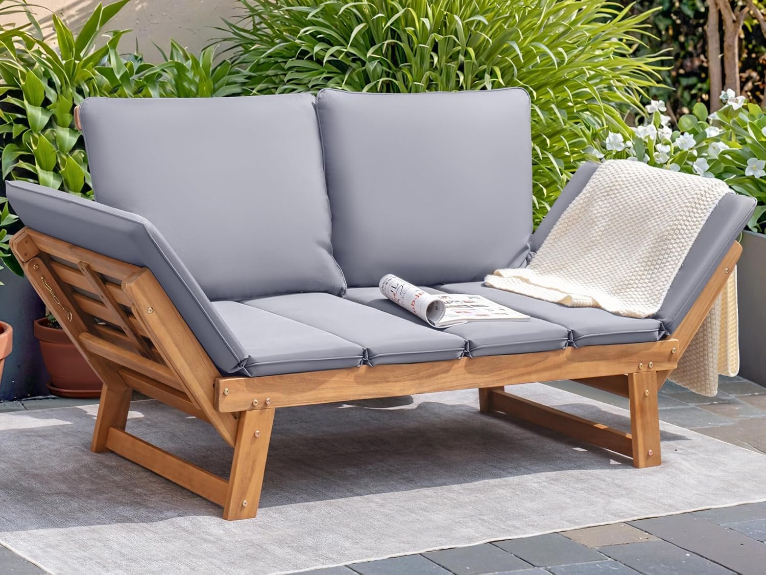 Devoko Outdoor Couch Acacia Wood Outdoor Sofa Balcony Furniture (Grey) | Adjustable Armrests Outdoor Loveseat, Convertible Patio Couch with Removable Cushions & Pillows for Patio, Porch, Poolside