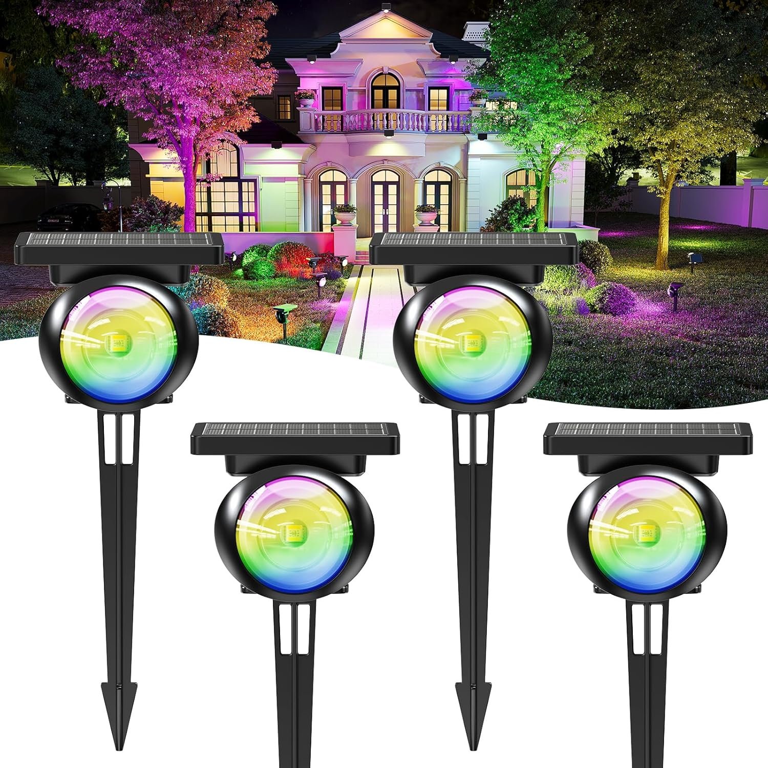 Focusing Solar Spot Lights Outdoor Waterproof, RGB+3CCT Tree Uplights 4Pack | Multicolor Focused Lens Spotlight, Dusk-to-dawn Light, Stake or Wall Mounting for Yard Landscape Garden Path Halloween Decor