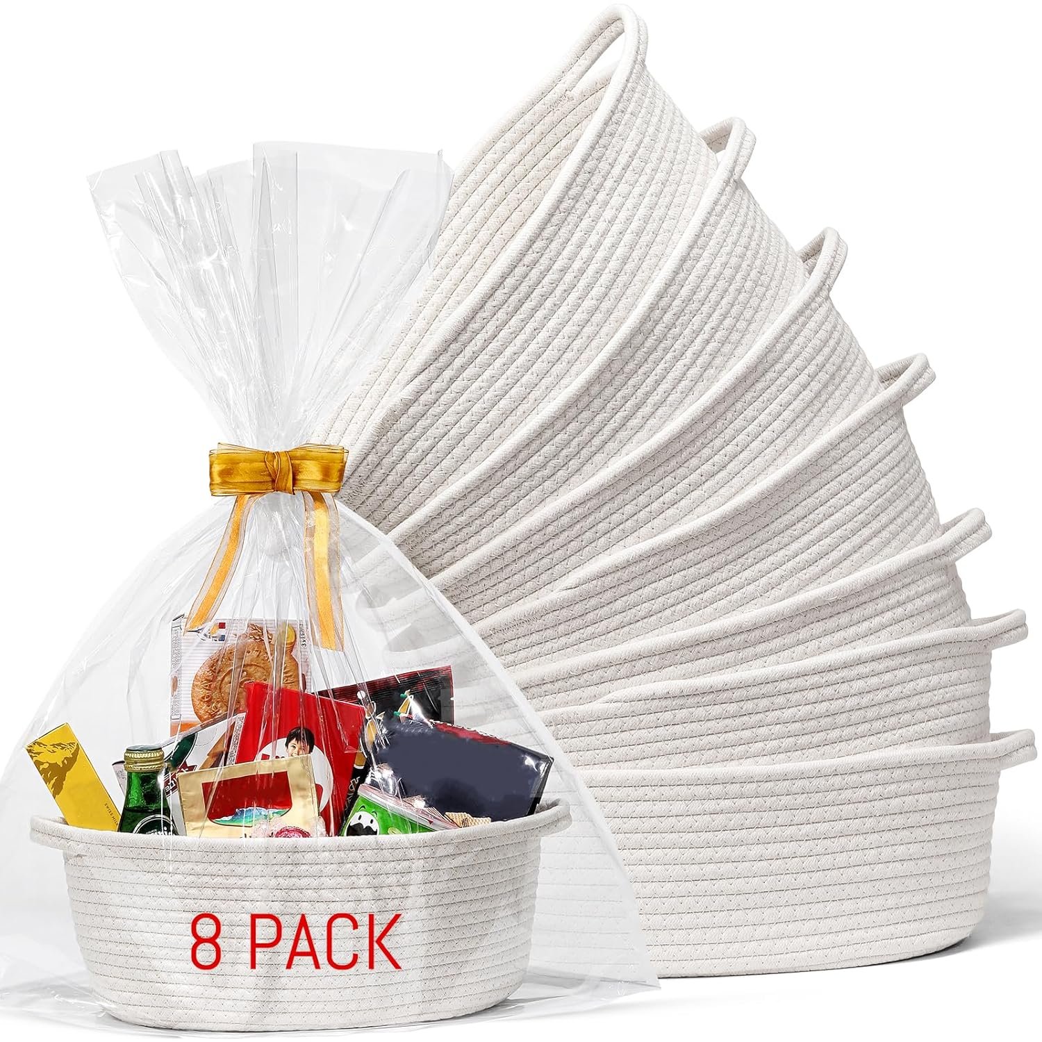 8 Pack Small Woven Basket with Gift Bags and Ribbons, All 12″x 8″x 5″, Empty Decorative Gift Chest Box, Cute Baby Gift Basket for Nursery, Cotton Rope Room Shelf Storage Basket with Handles, White