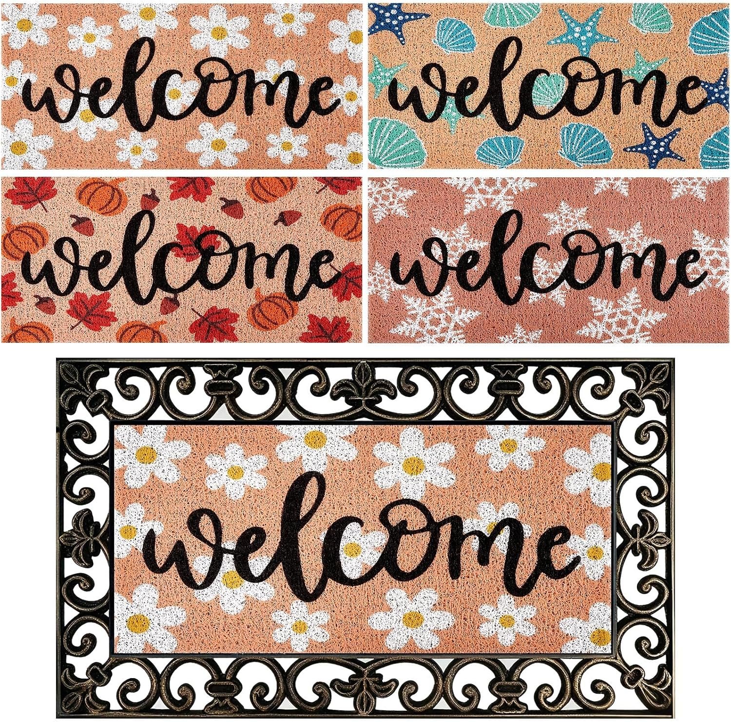 4 Pcs Summer Seasonal Door Mat Inserts Bundle Welcome Interchangeable Doormat Inserts Entrance Mats 22 X 10 Inches Non Slip Doormats for Front Door Outdoor Spring Indoor Fall Winter Decoration
