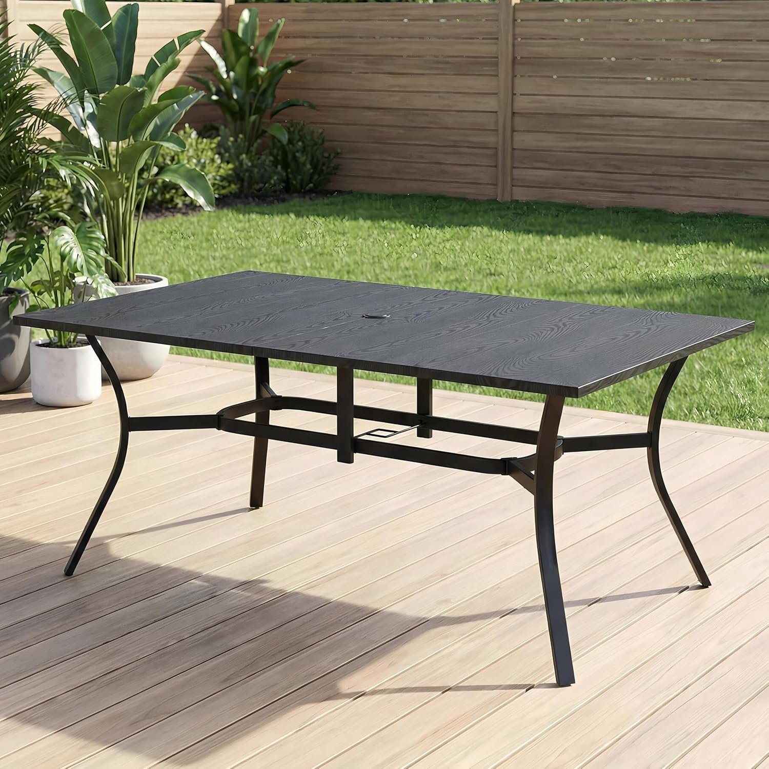 63”x37.8” Metal Outdoor Dining Table for 6,Rectangular Patio Dining Table with Adjustable Umbrella Hole,All-Weather Black Outdoor Patio Table for Porch, Garden