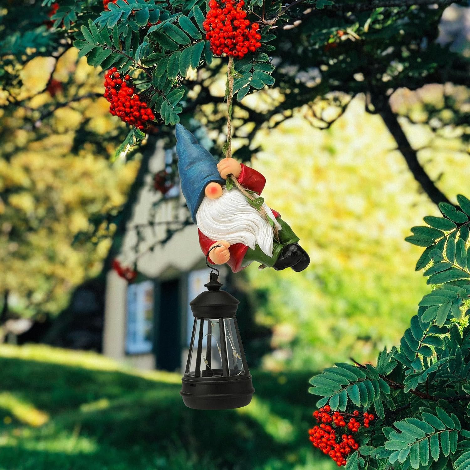 Solar Hanging Gnome Garden Statues Funny Climbing Rope Gnome with Lantern | Summer Outdoor Decor Tree Hugger Yard Porch Wall Fence Decoration Mother’s Day Birthday Gifts for Mom Women