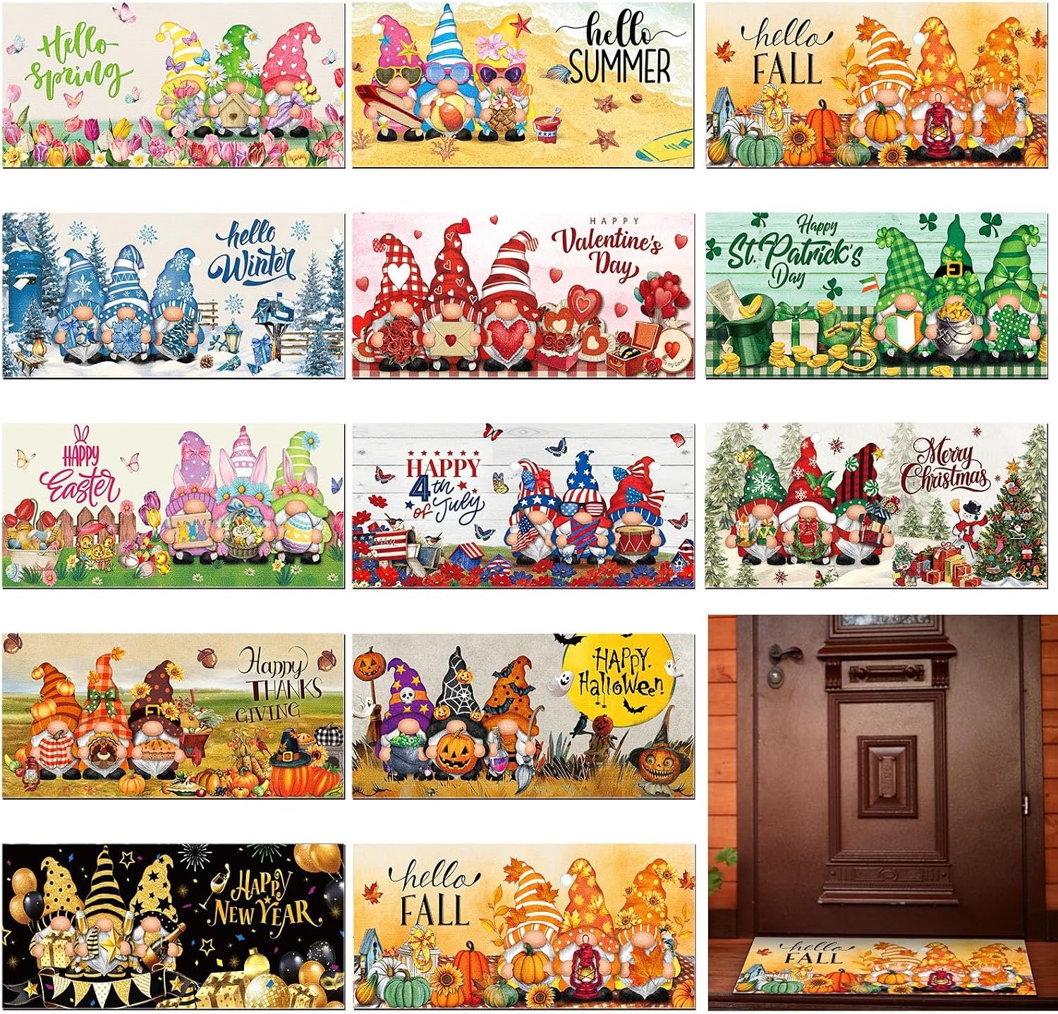 Tinideya 12 Pcs Seasonal Welcome Doormats, 10 x 22 Inches,Gnome Style