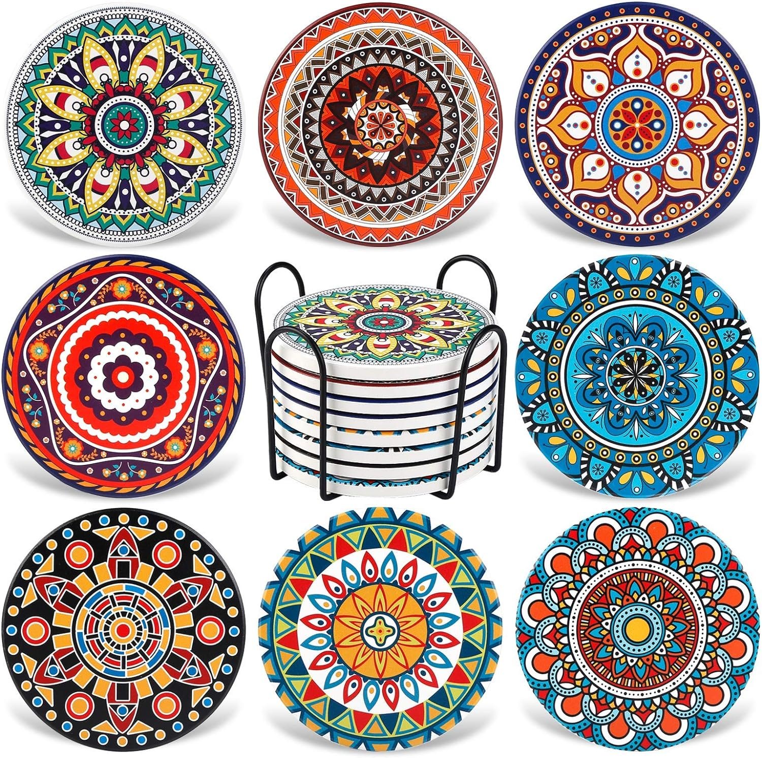 Coasters for Drinks,AODINI Set of 8 Absorbent Stone Coasters for Wooden Table, Mandala Ceramic with Cork Base, Gift for Housewarming Birthday and Family – Great Home and Dining Room Decor