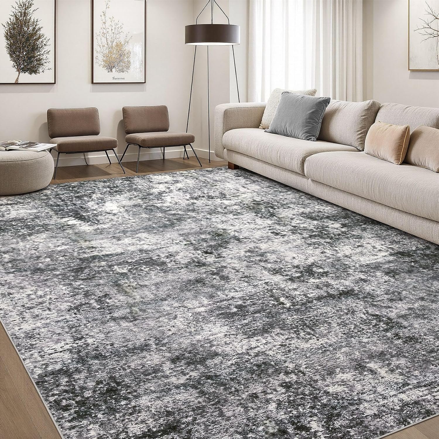DMOYEST Area Rug Living Room Rugs 9×12 Washable Abstract Grey Carpet | Neutral Modern Large Non-Slip Soft Low Pile Rugs for Bedroom Dining Room Home Office Indoor Decor