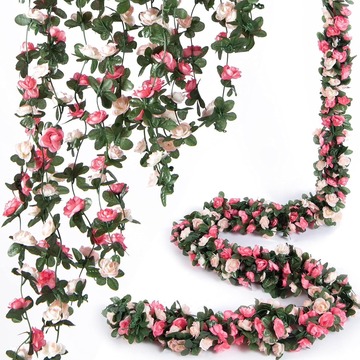 8Pcs x 8.2FT Artificial Flower Garland Floral Rose Vine Decor, Pink Flower | PONKING Fake Rose Vine Flowers, Hanging Faux Roses String for Wedding Birthday Party Room Mantle Arch Wall Decoration