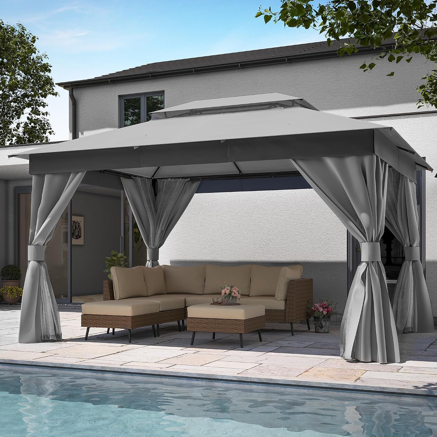 10’x13′ Outdoor Gazebo, Metal Frame Heavy Duty Patio Canopy Tent Shelter with Double Roofs, Mosquito Nettings and Privacy Screens for Backyard, Garden, Lawn, Gray
