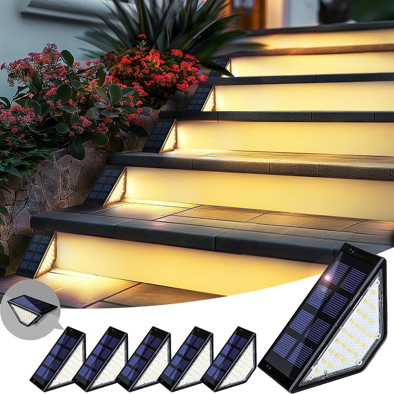 Solar Step Lights Waterproof, Stair Lights Outdoor Decor, 6 Pack Warm White | 24 LEDs Solar Deck Lights for Garden, Porch, Pathway, Patio, Fence, Balcony