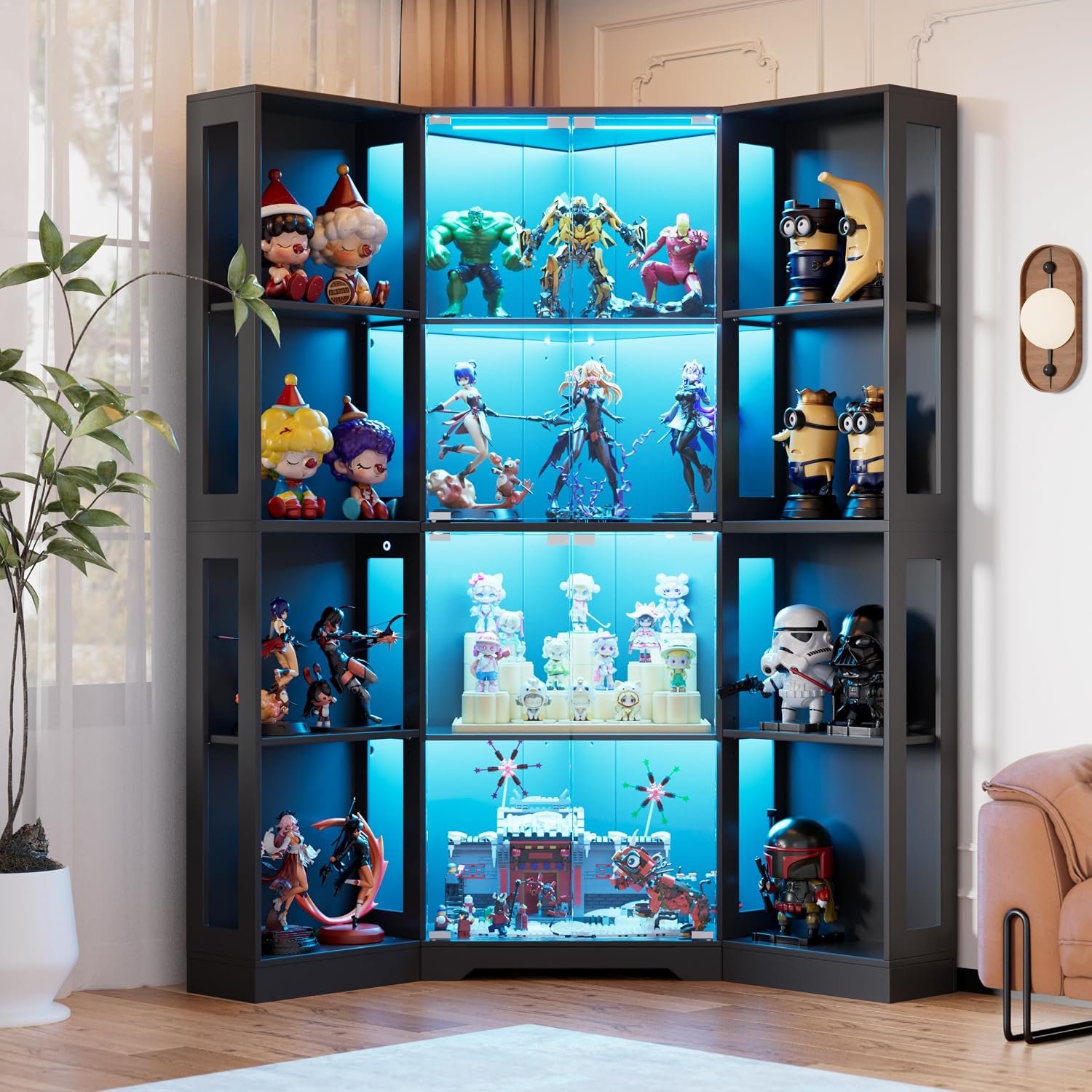 Corner Display Curio Cabinet with Glass Doors,65″ Lighted Collectibles Showcase with 3 Color LED Lights,4-Tier Storage Shelves for Living Room Home Office, Black